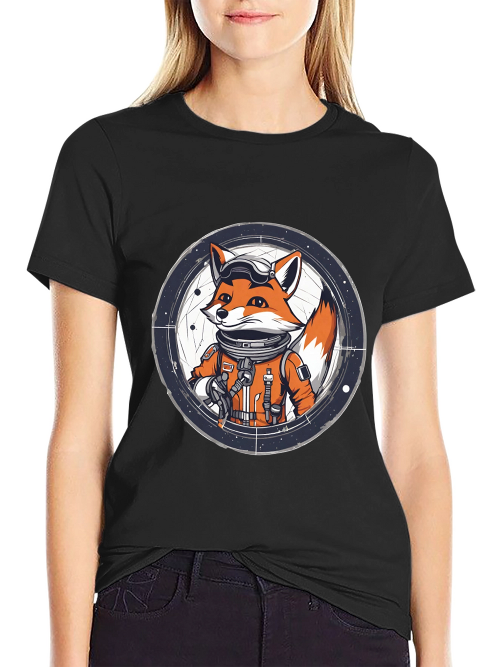 Astronaut Fox Graphic Tee - Black Cotton T-Shirt