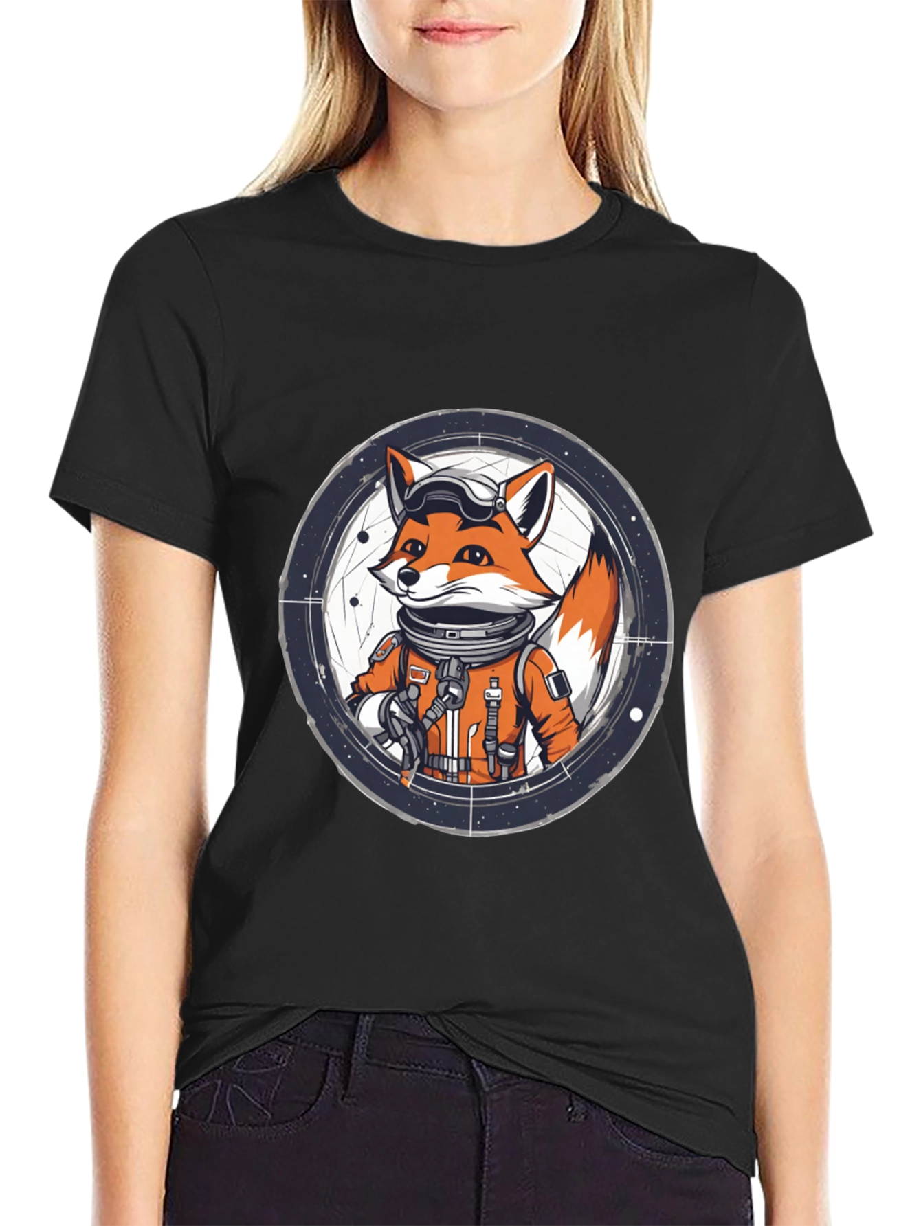 Astronaut Fox Graphic Tee - Black Cotton T-Shirt