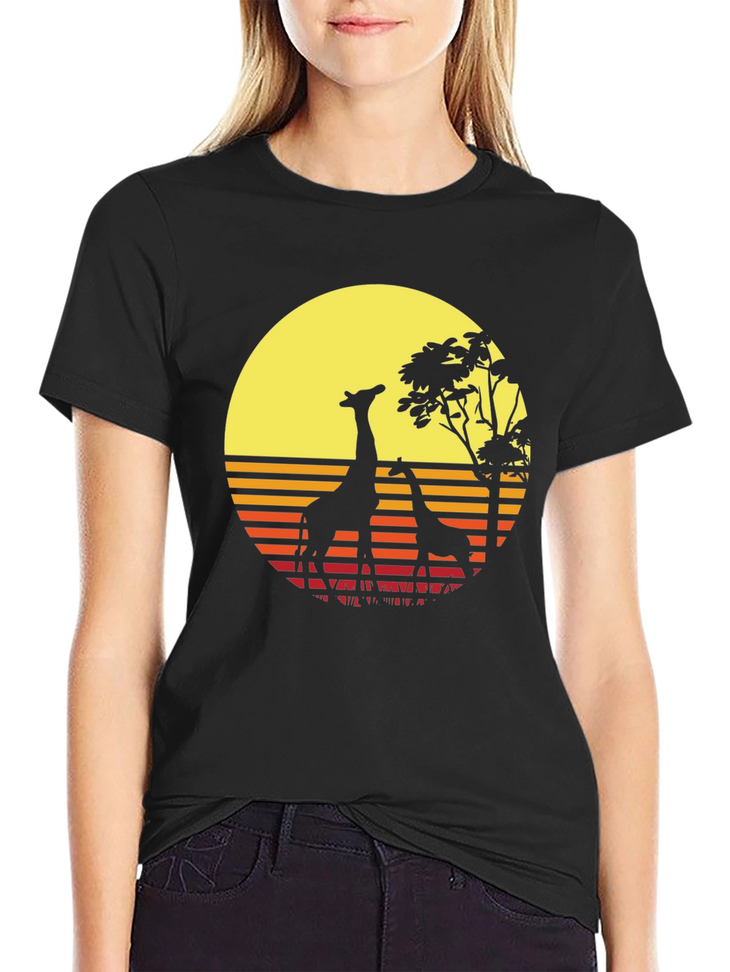 Retro Giraffe Sunset T-Shirt - Black