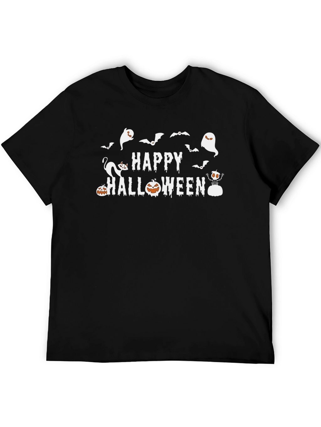 Happy Halloween T-Shirt: Ghosts Bats Pumpkins Cat