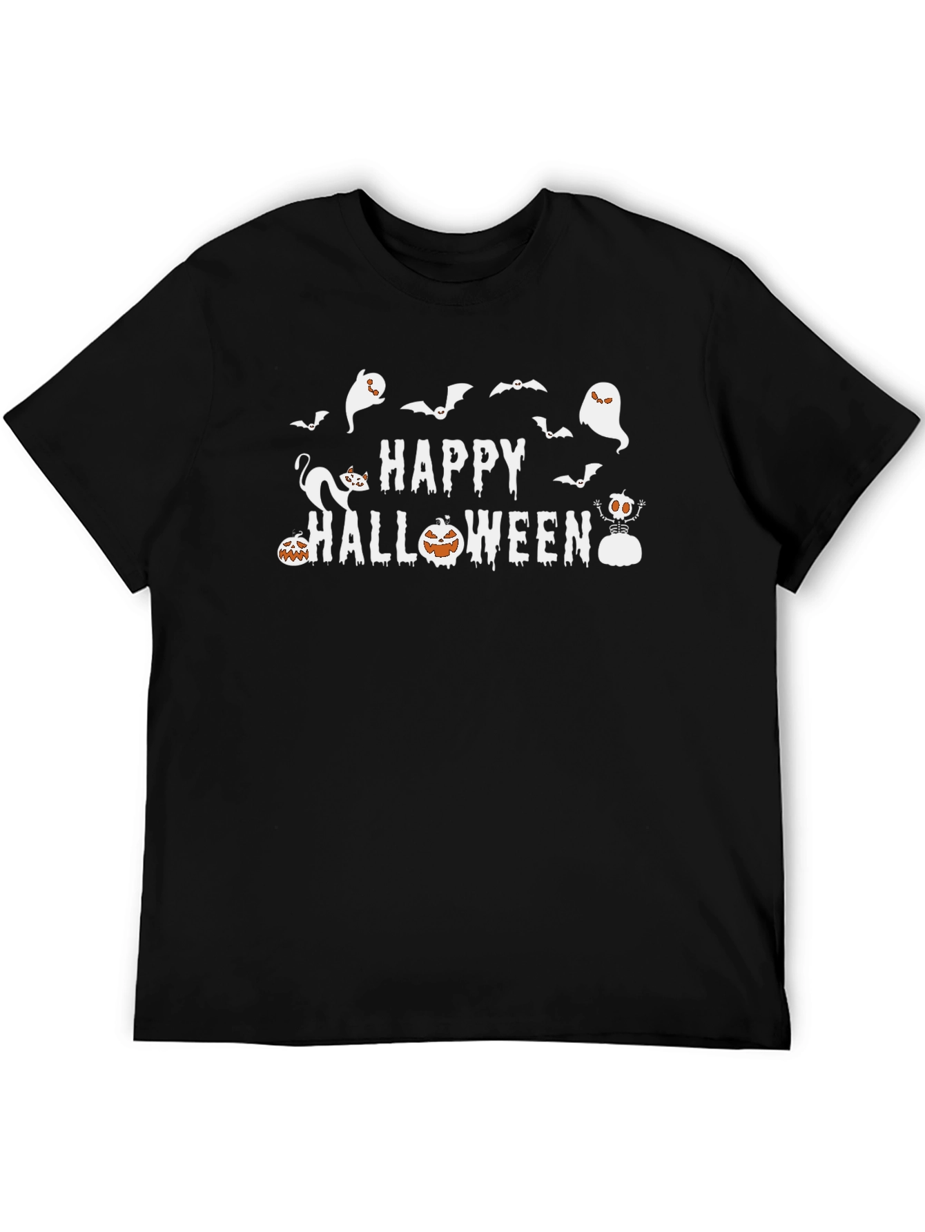 Happy Halloween T-Shirt: Ghosts Bats Pumpkins Cat