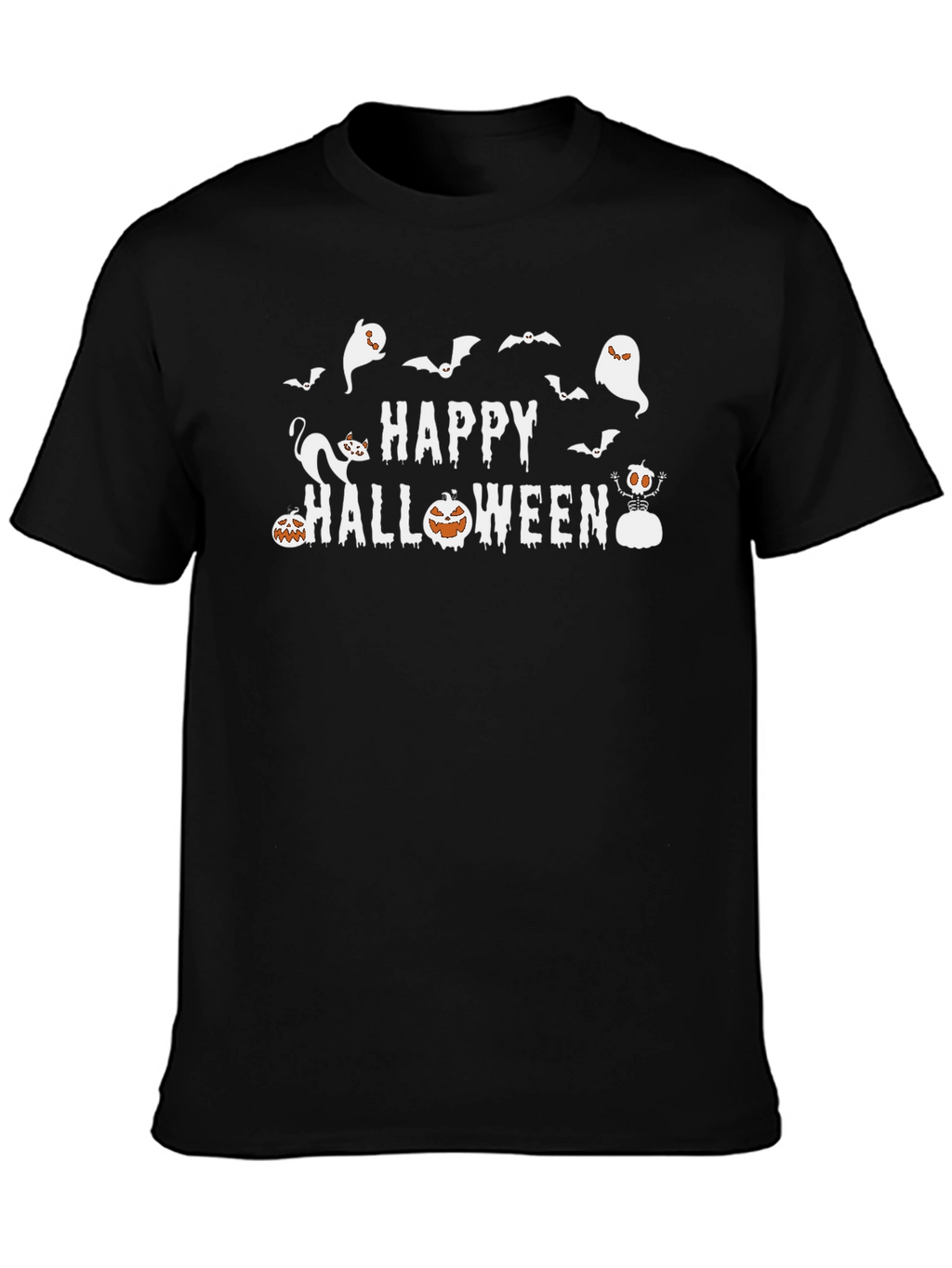 Happy Halloween T-Shirt: Ghosts Bats Pumpkins Cat