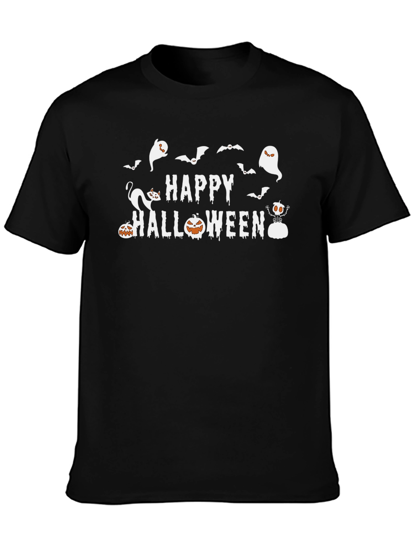 Happy Halloween T-Shirt: Ghosts Bats Pumpkins Cat