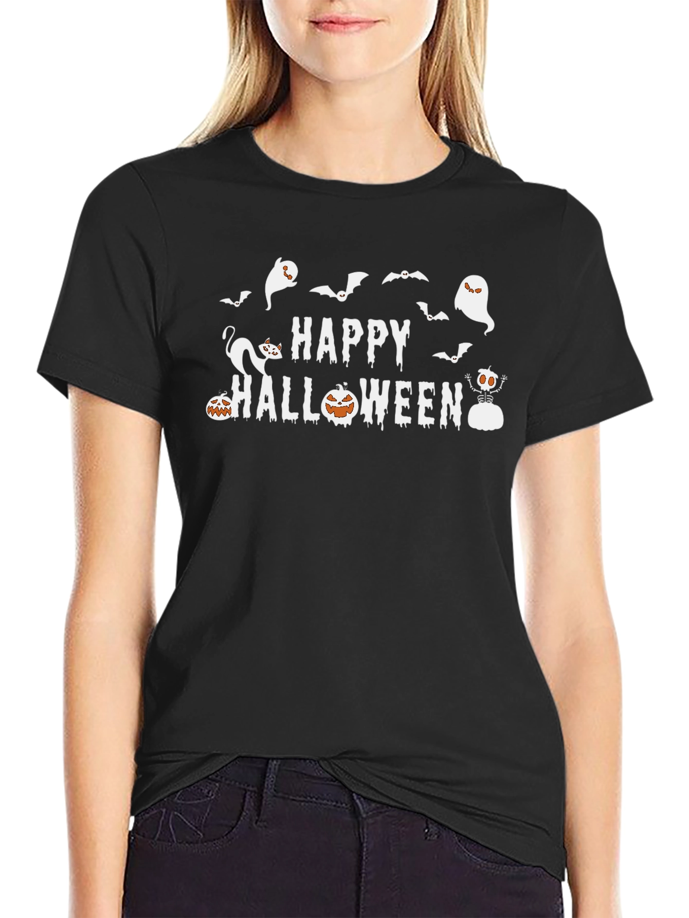 Happy Halloween T-Shirt: Ghosts Bats Pumpkins Cat