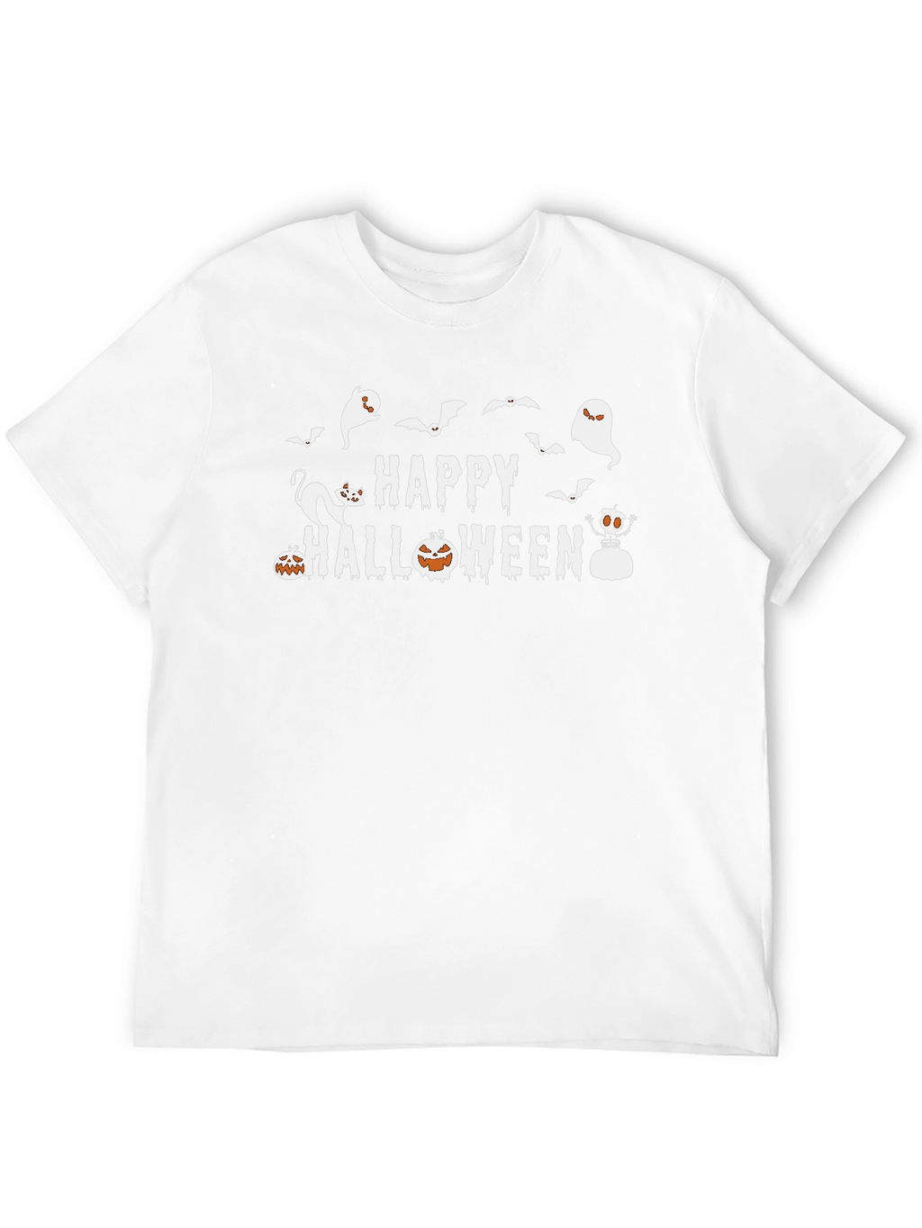 Happy Halloween T-Shirt: Ghosts Bats Pumpkins Cat