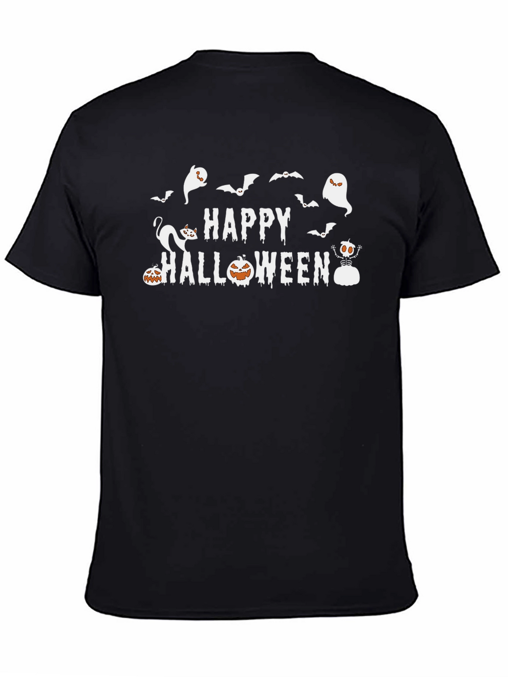 Happy Halloween T-Shirt: Ghosts Bats Pumpkins Cat
