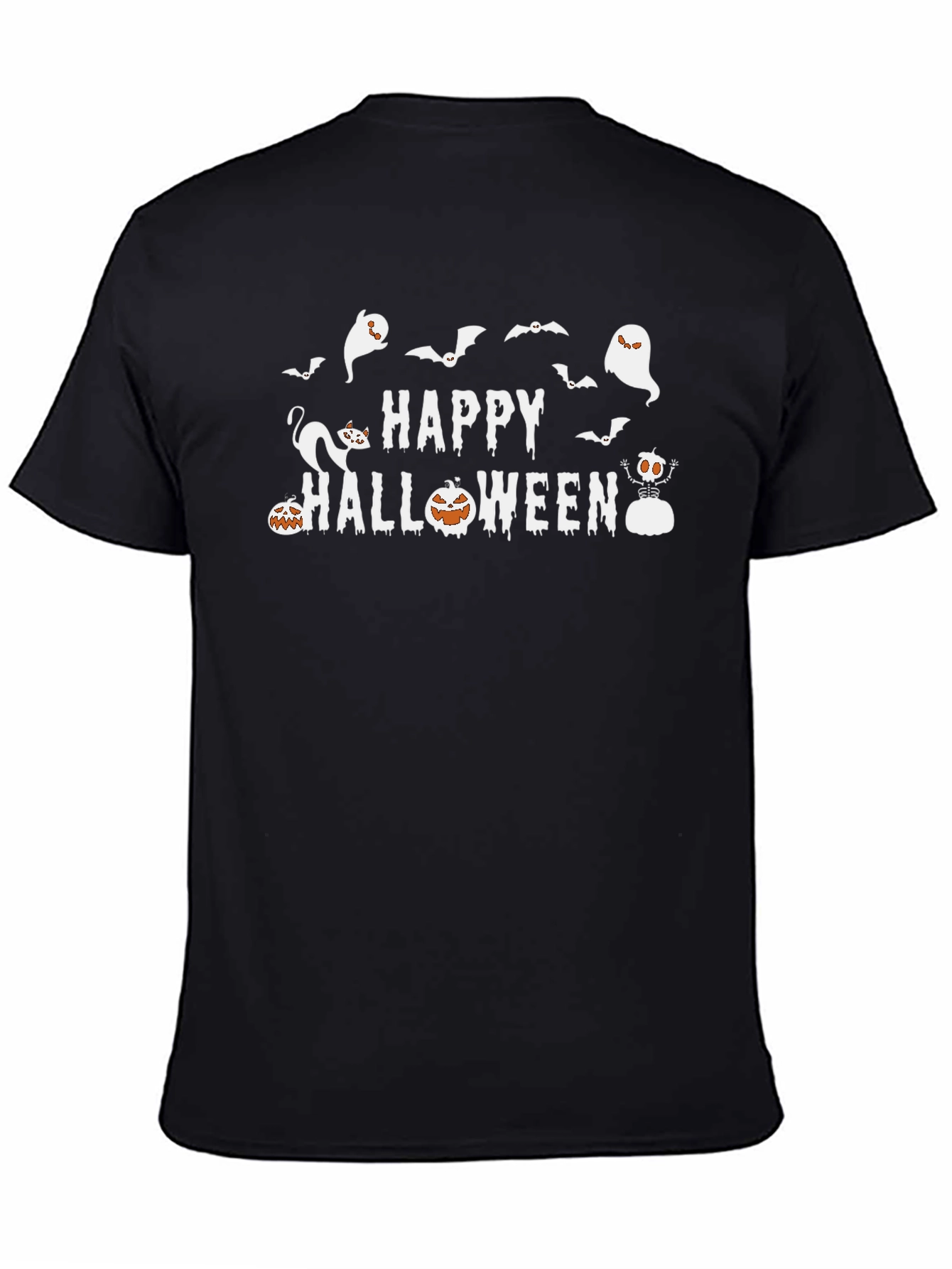 Happy Halloween T-Shirt: Ghosts Bats Pumpkins Cat
