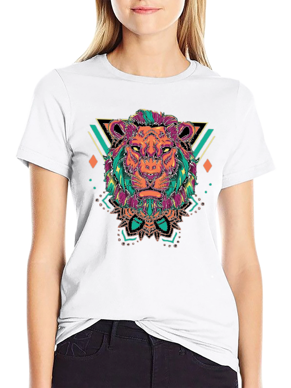 Lion Head Graphic Tee - Geometric Design Black T-Shirt