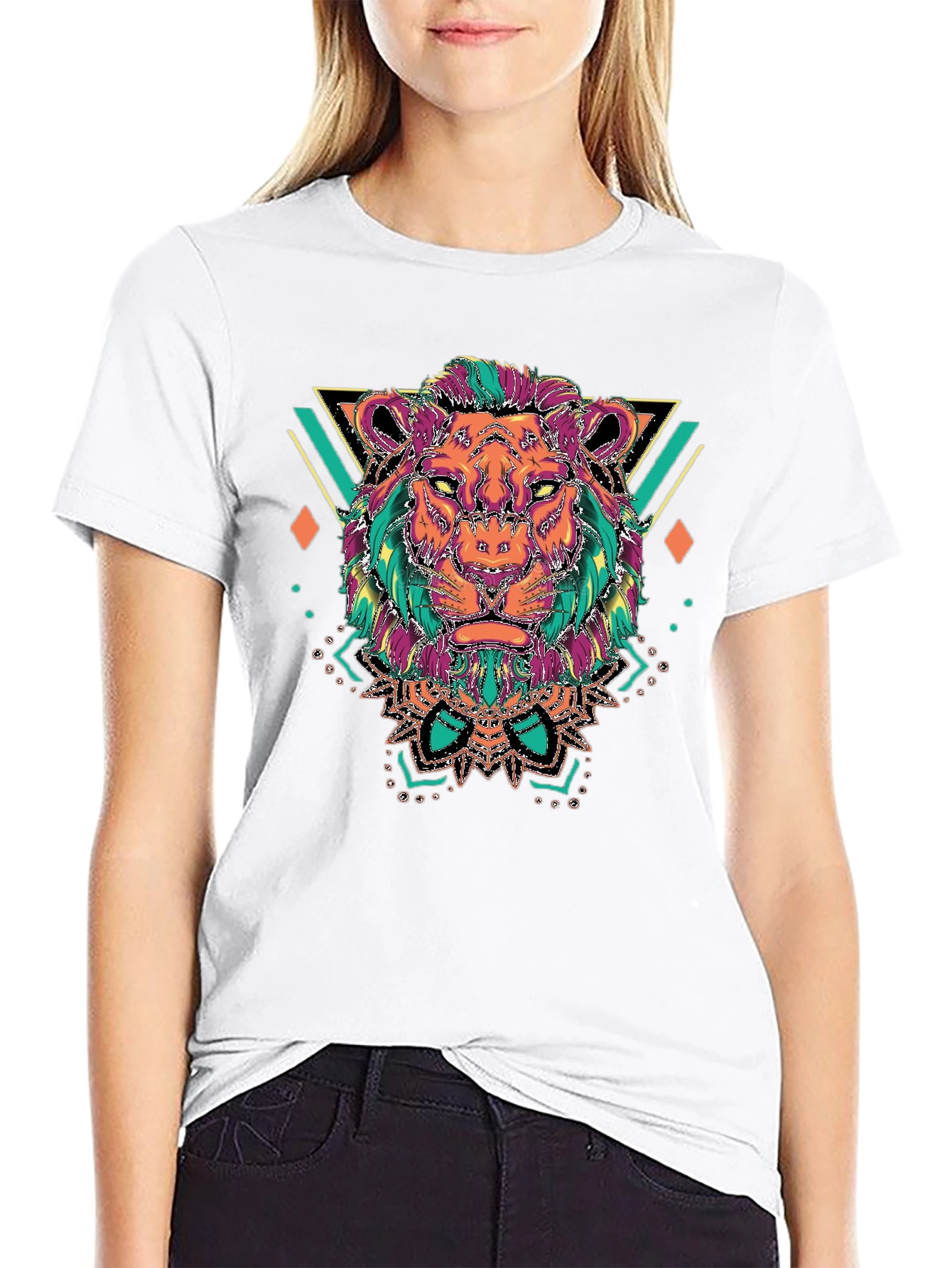Lion Head Graphic Tee - Geometric Design Black T-Shirt