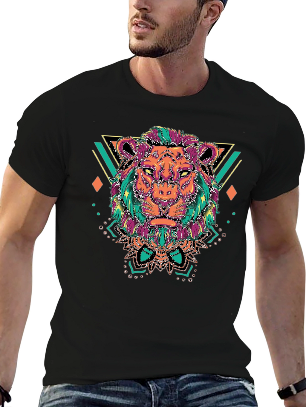 Lion Head Graphic Tee - Geometric Design Black T-Shirt