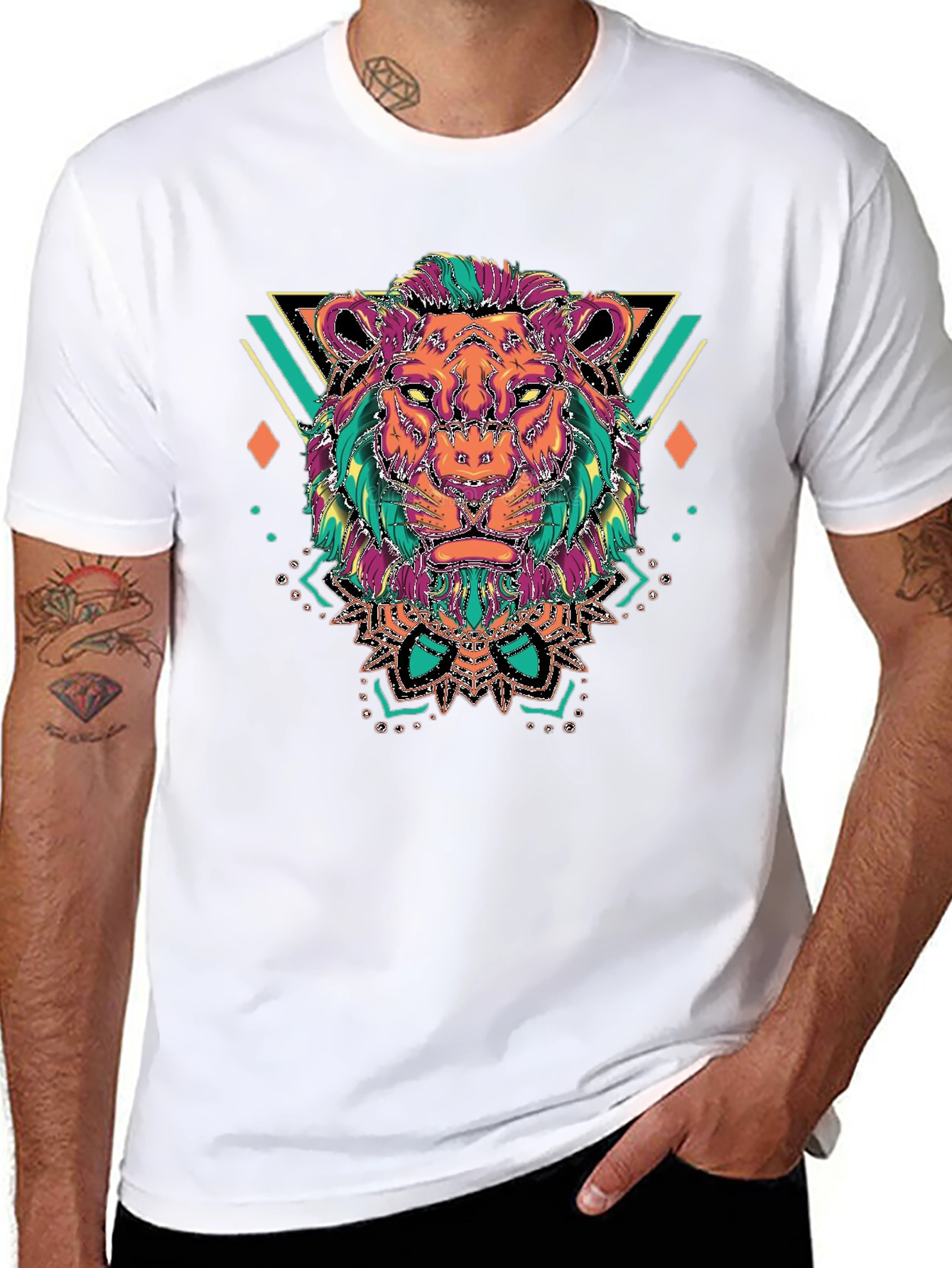 Lion Head Graphic Tee - Geometric Design Black T-Shirt