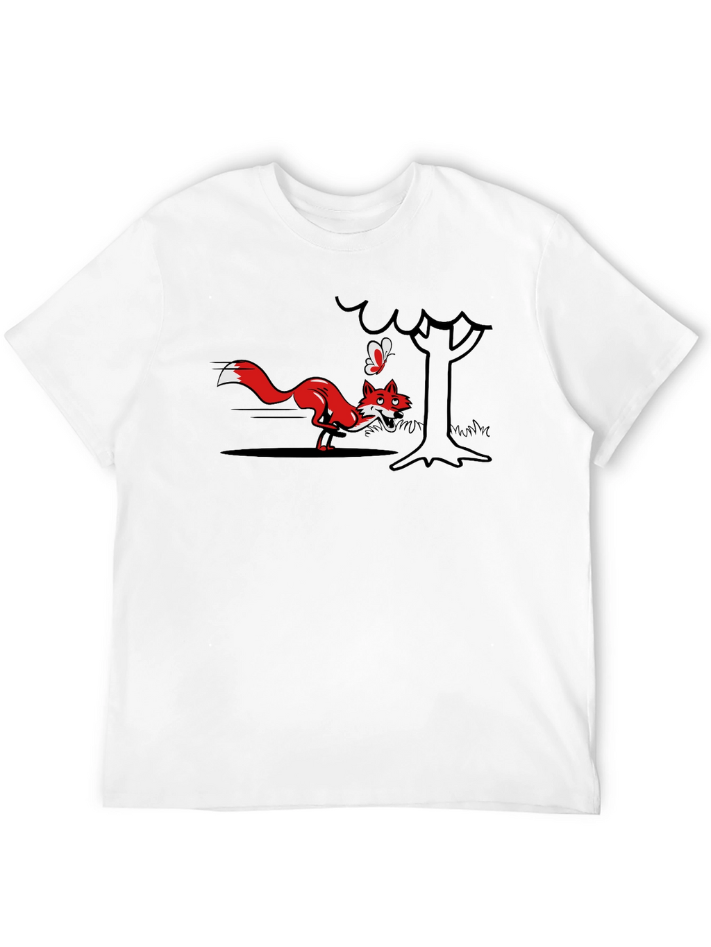 Cartoon Fox and Butterfly Black T-Shirt