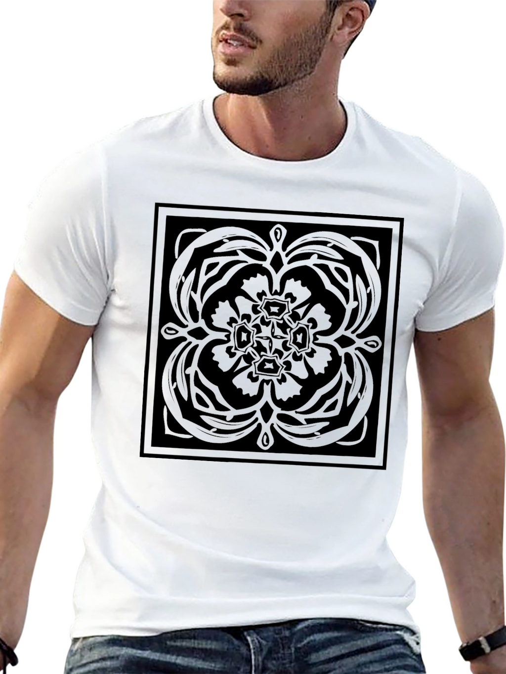 Stylish Black Graphic Tee - Square Floral Pattern