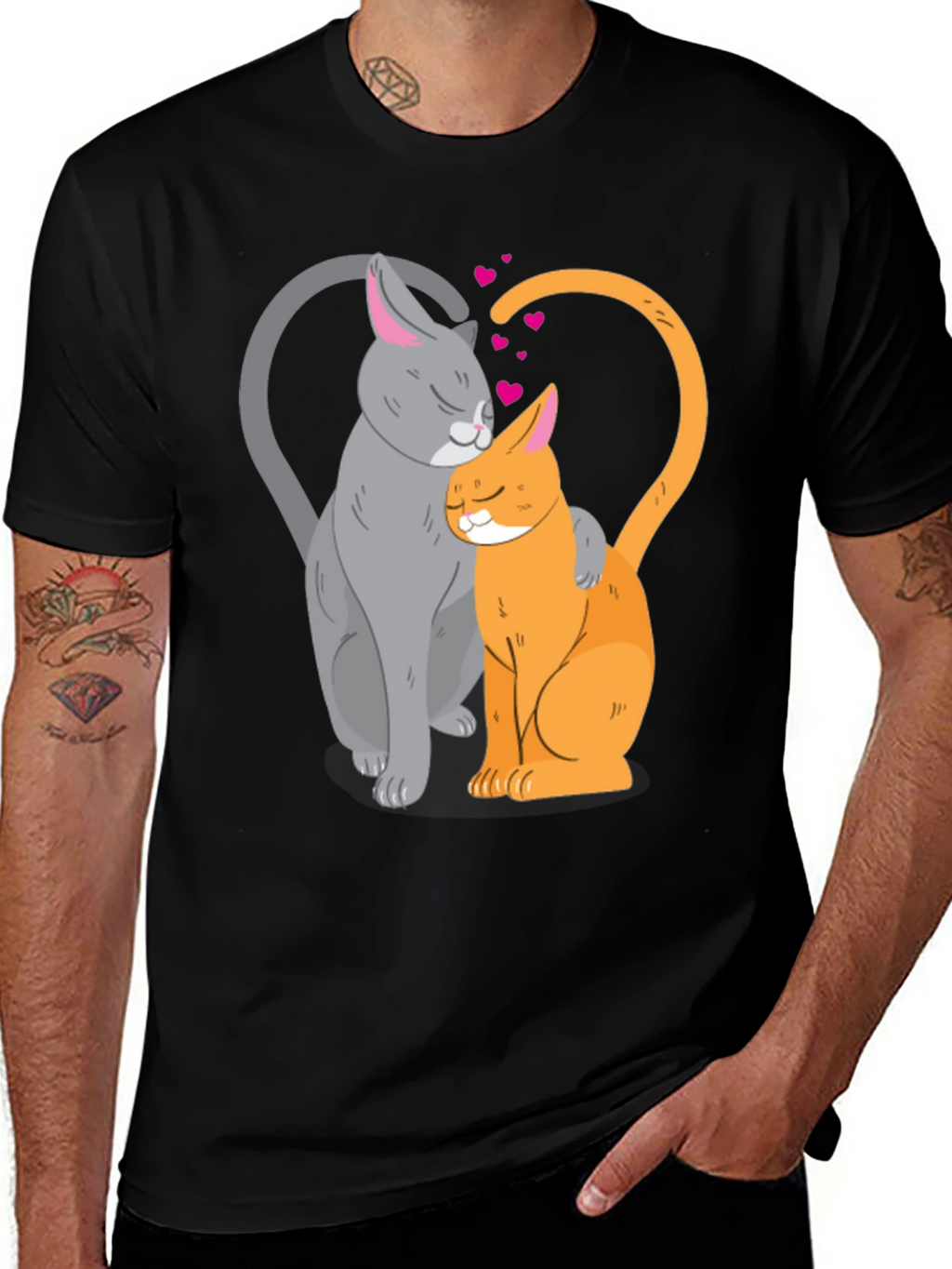 Cute Cats in Love Graphic T-Shirt - Black