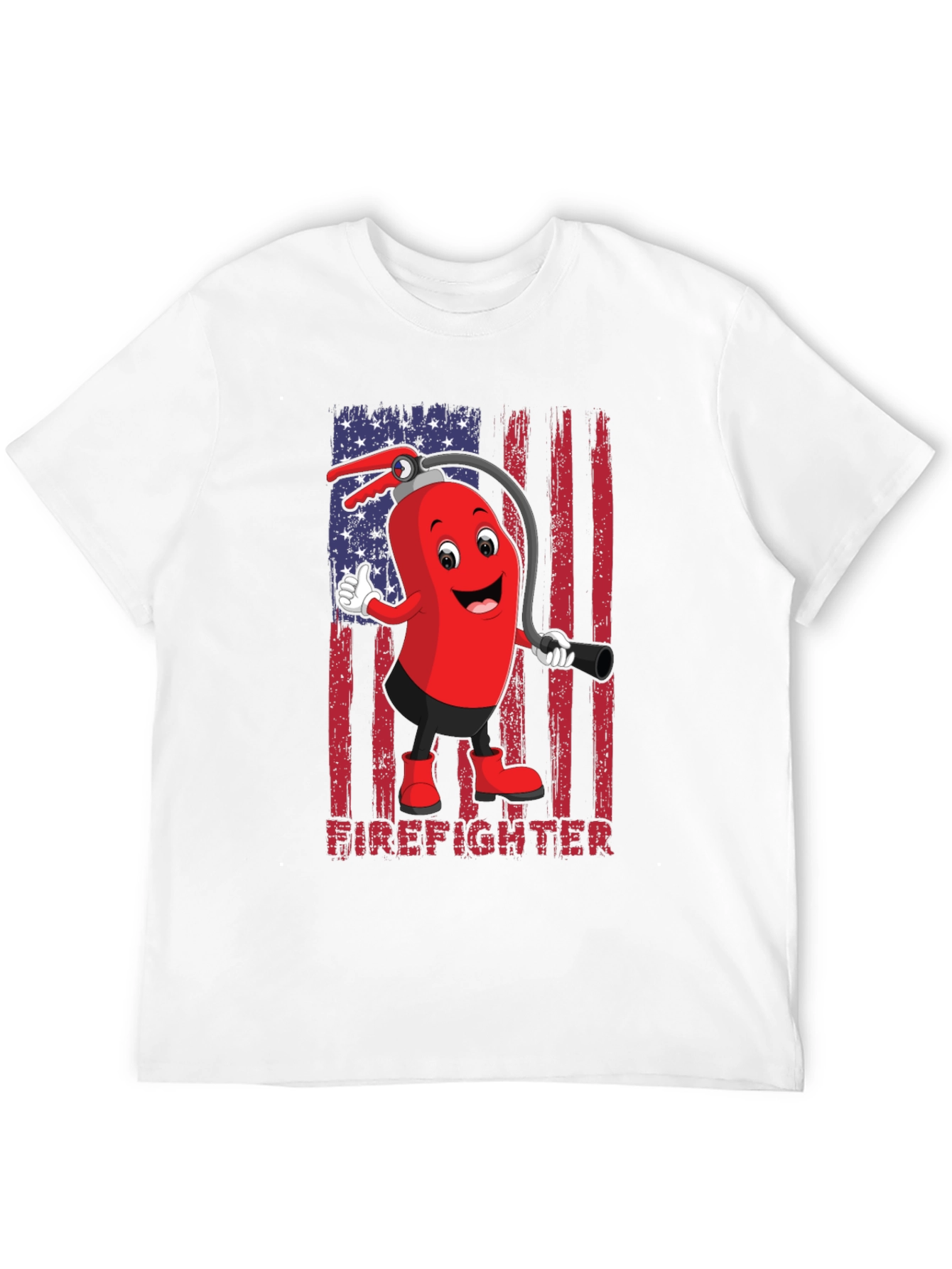 Firefighter Cartoon T-Shirt - American Flag Design