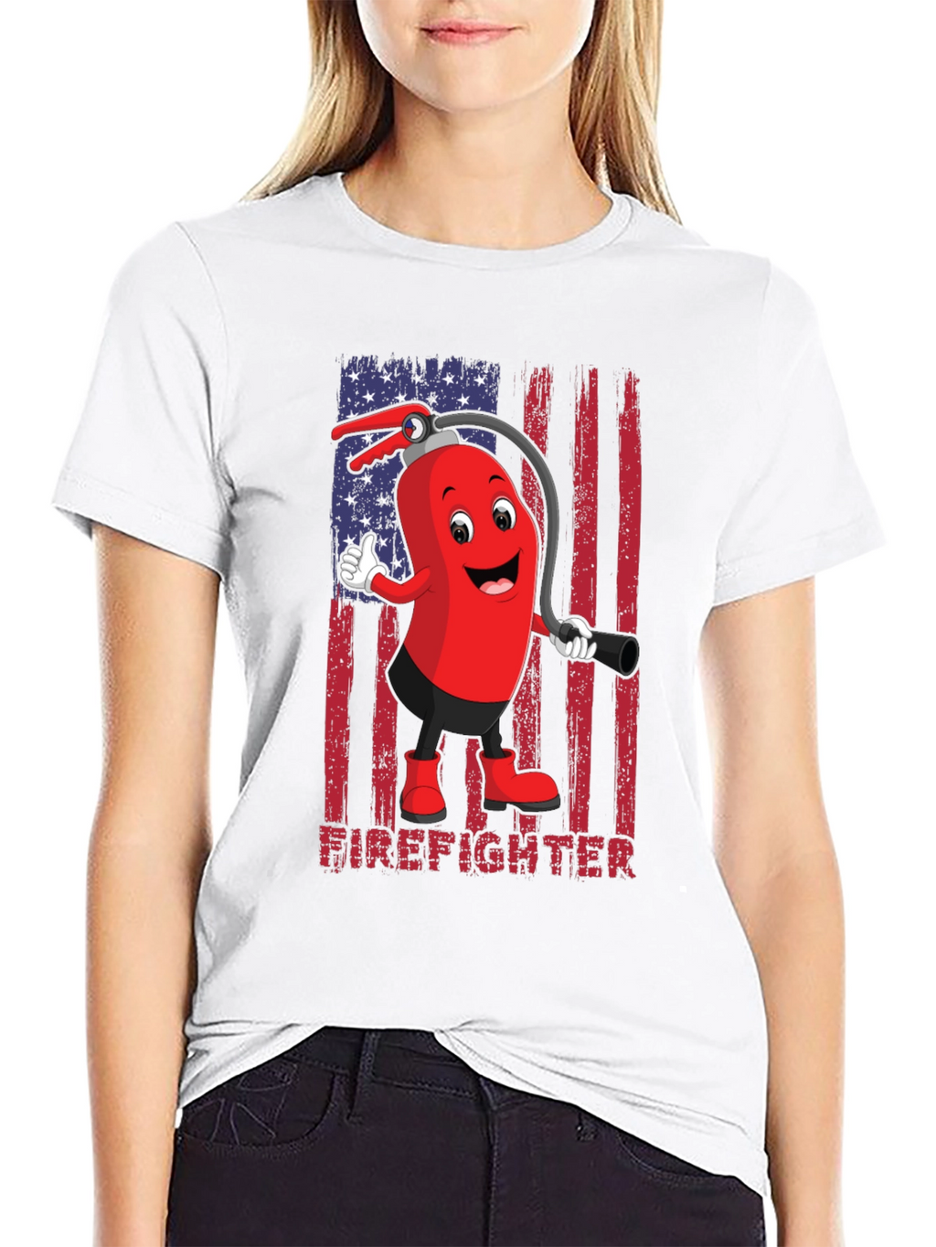Firefighter Cartoon T-Shirt - American Flag Design
