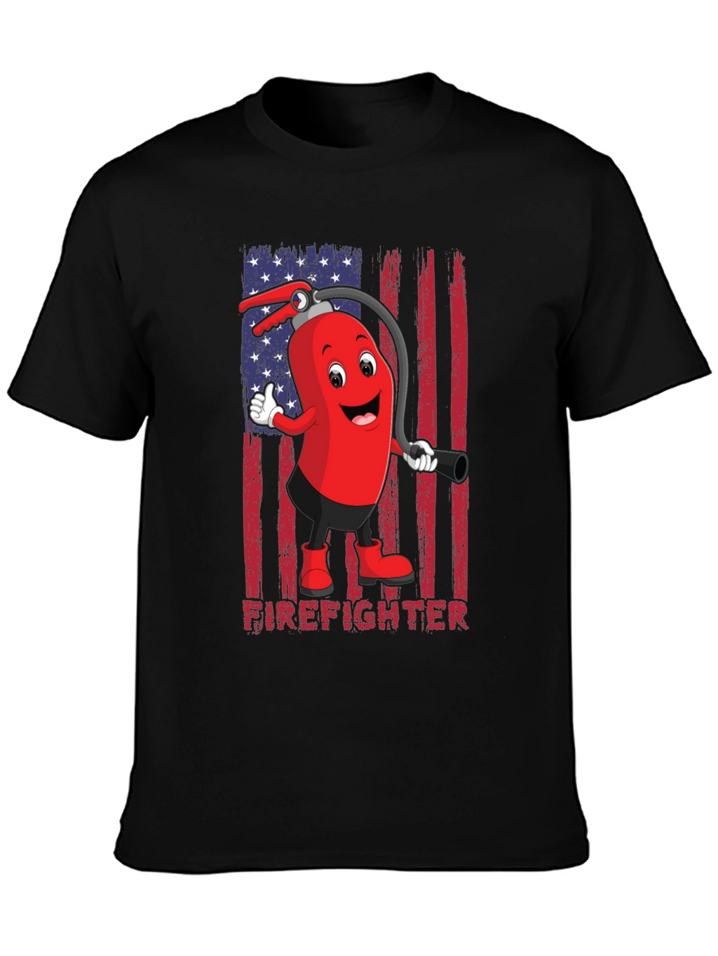 Firefighter Cartoon T-Shirt - American Flag Design