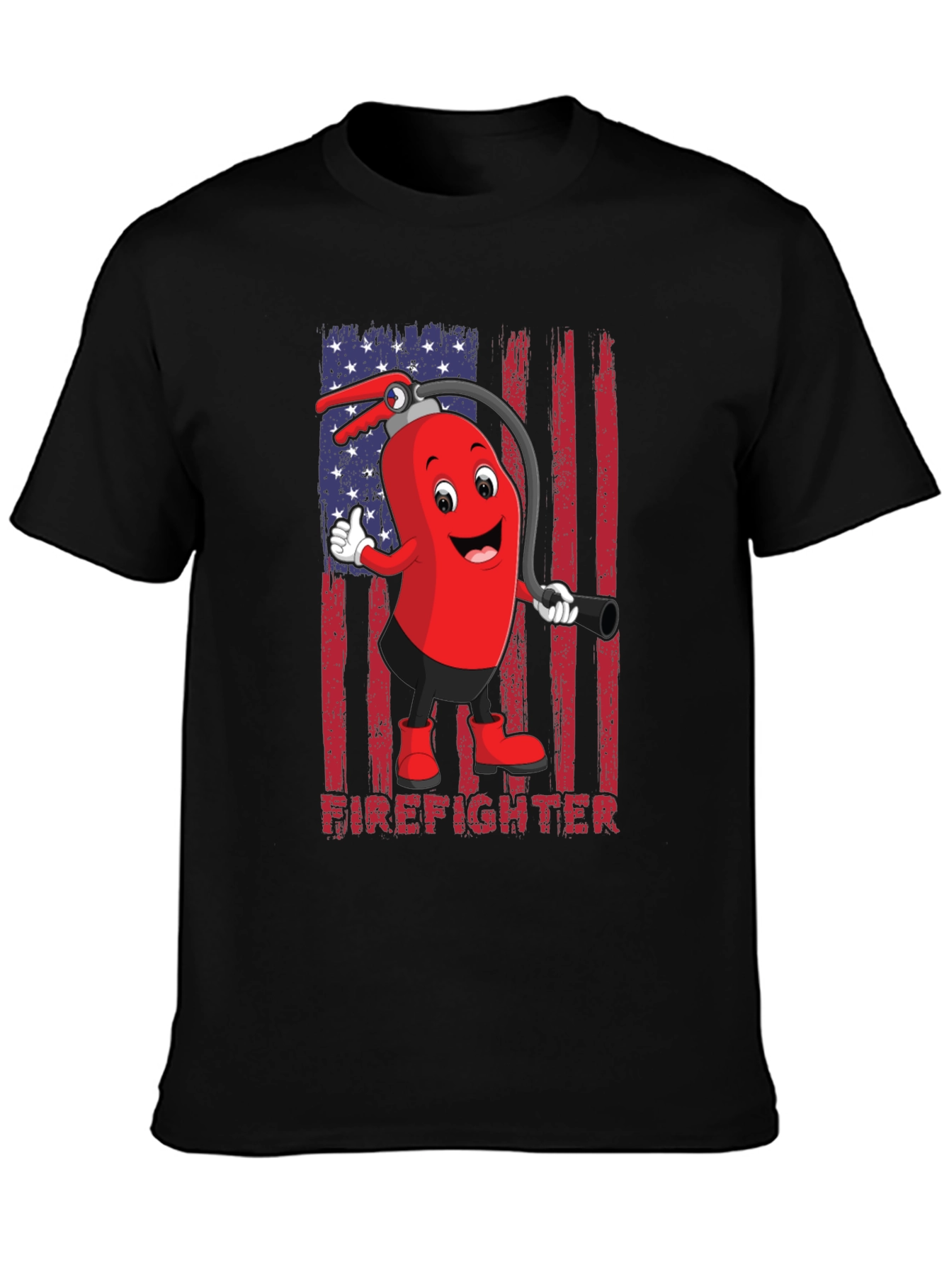 Firefighter Cartoon T-Shirt - American Flag Design