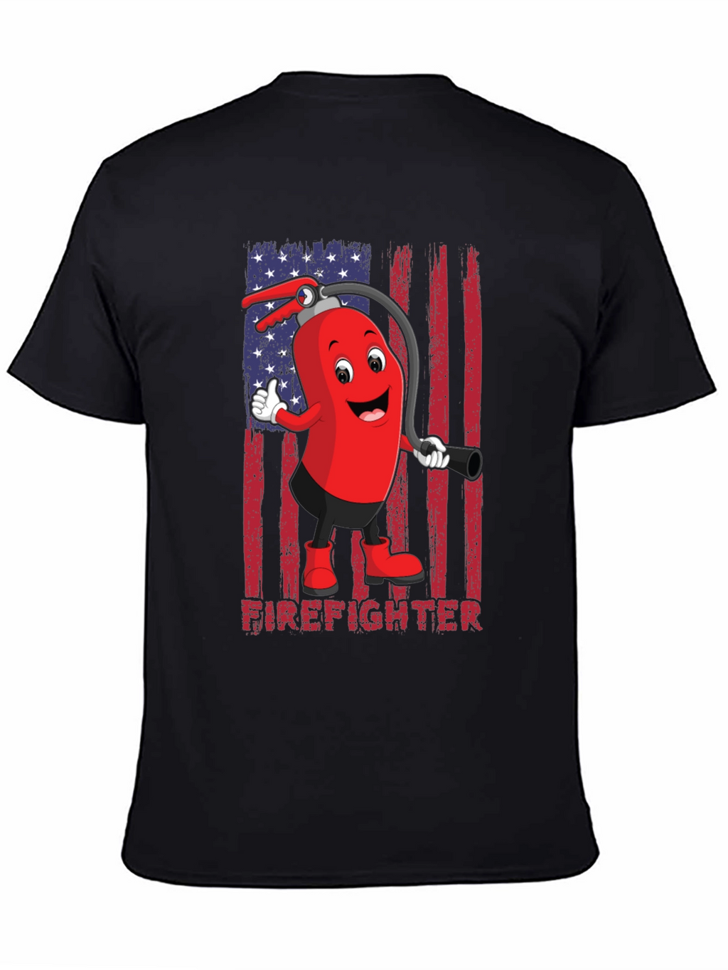 Firefighter Cartoon T-Shirt - American Flag Design