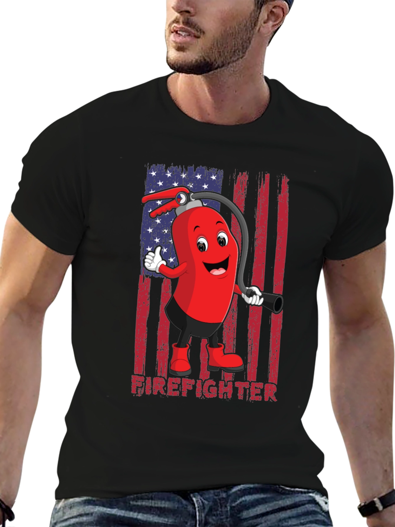 Firefighter Cartoon T-Shirt - American Flag Design