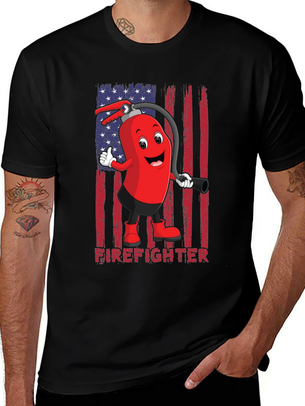 Firefighter Cartoon T-Shirt - American Flag Design