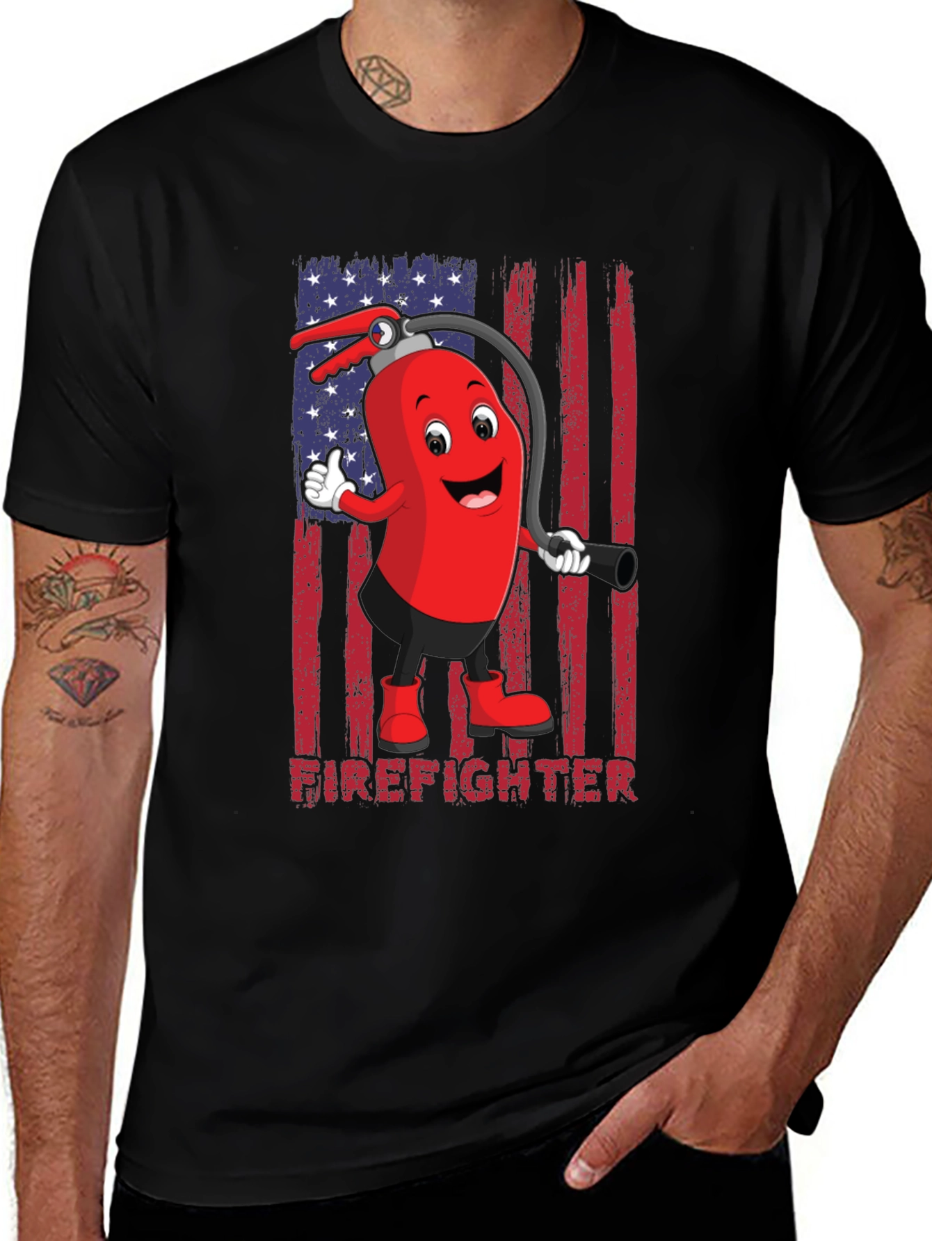 Firefighter Cartoon T-Shirt - American Flag Design