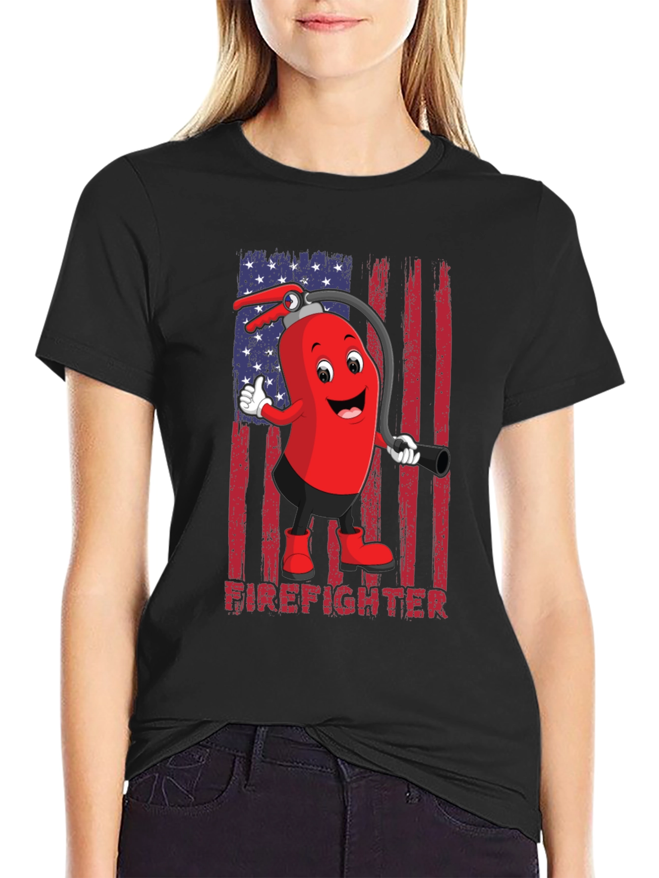 Firefighter Cartoon T-Shirt - American Flag Design