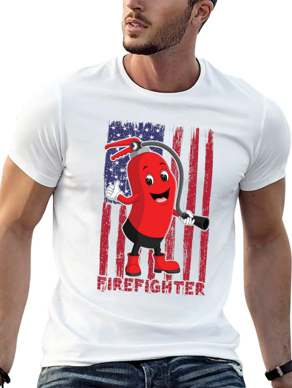 Firefighter Cartoon T-Shirt - American Flag Design