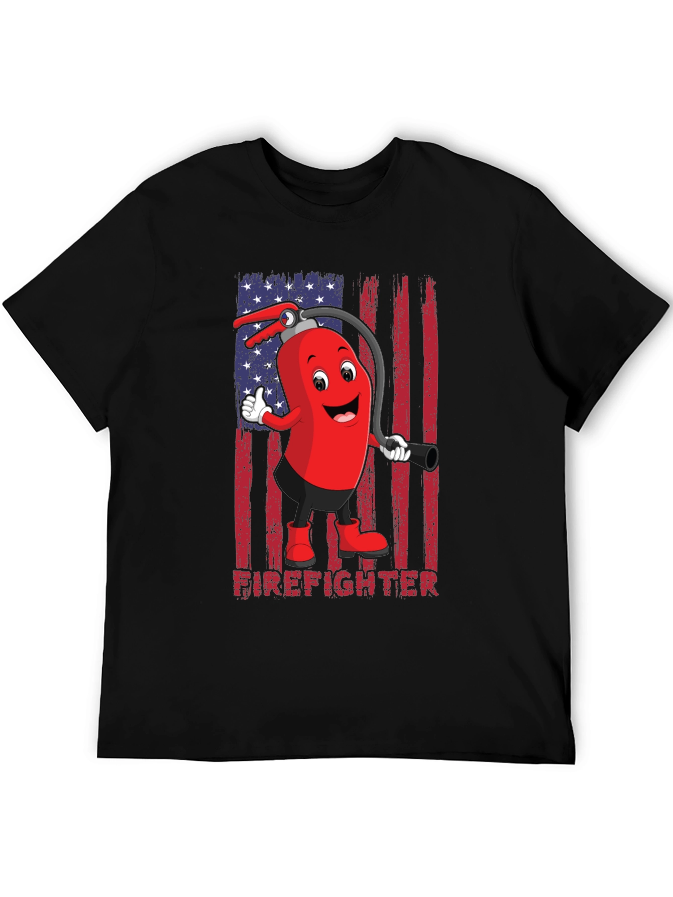 Firefighter Cartoon T-Shirt - American Flag Design