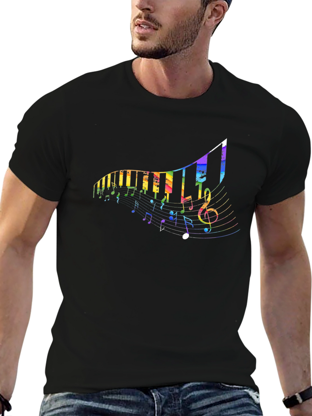 Rainbow Piano Keys & Notes Black T-Shirt