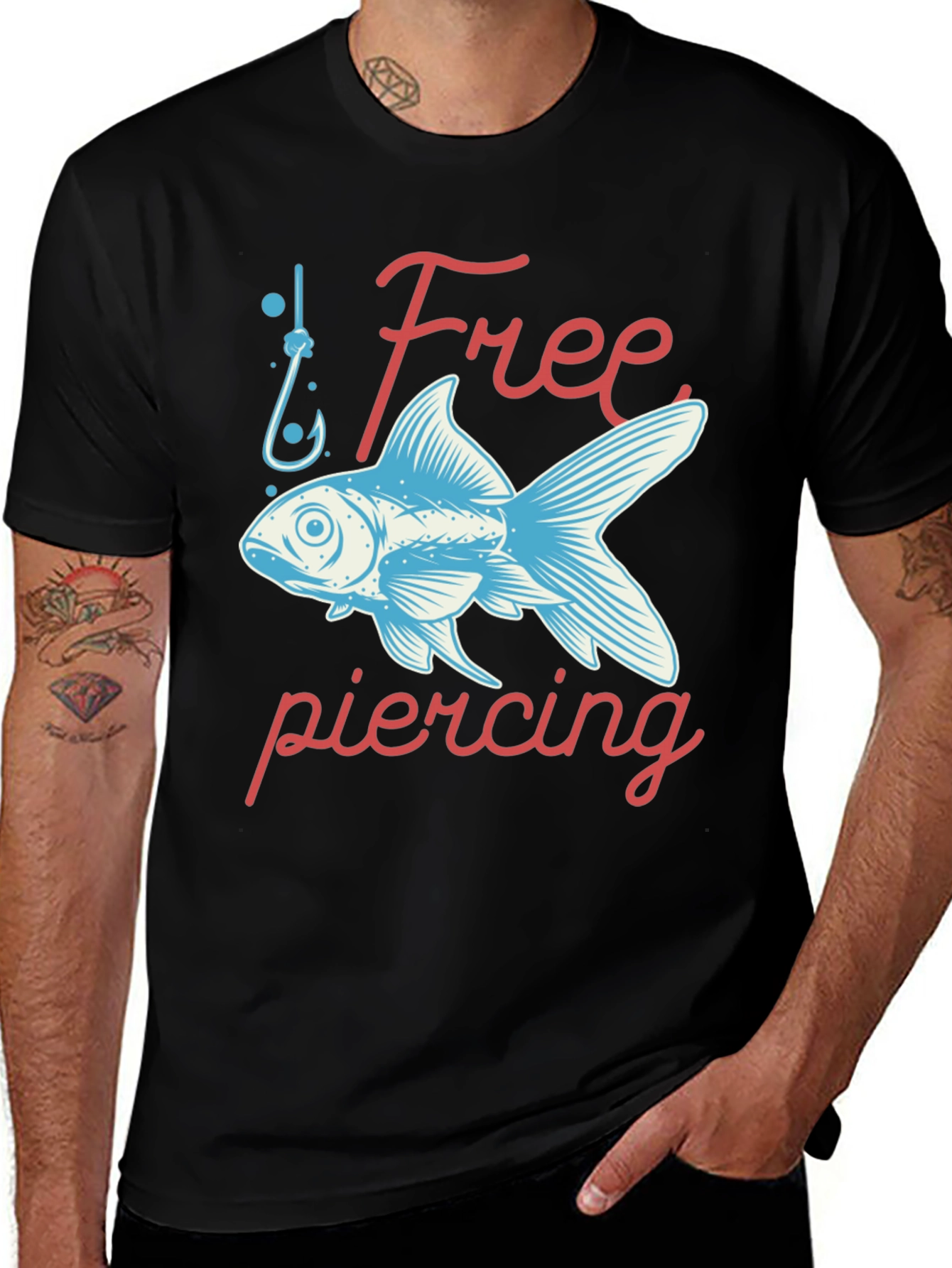 Free Piercing Fish Graphic Tee - Black Cotton T-Shirt