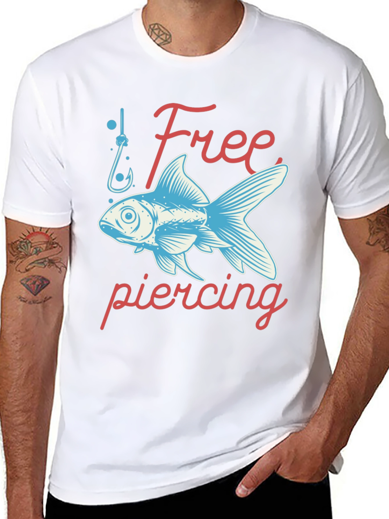 Free Piercing Fish Graphic Tee - Black Cotton T-Shirt