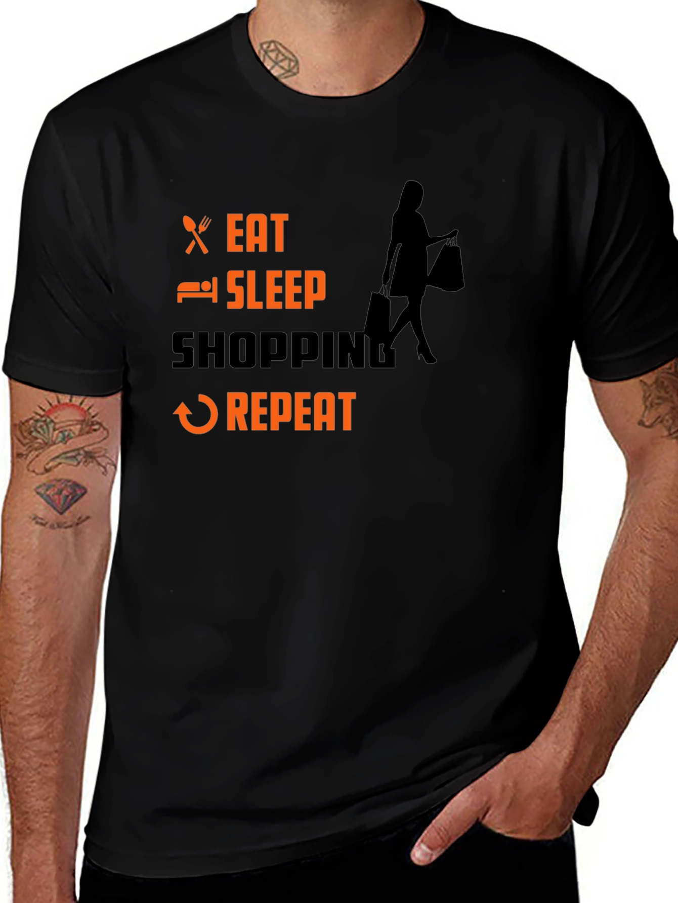 Eat Sleep Shopping Repeat Black T-Shirt