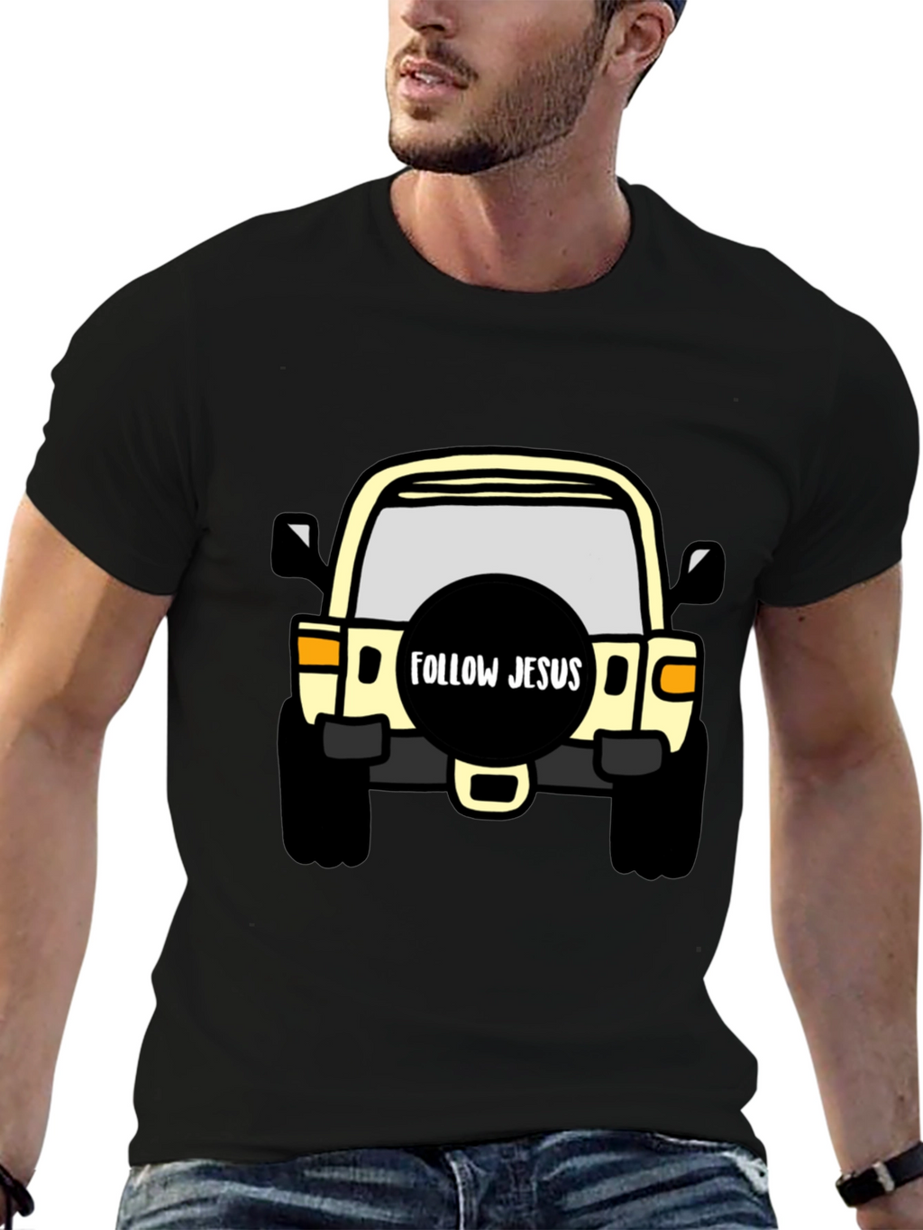 Follow Jesus Jeep T-Shirt - Black Cotton Tee