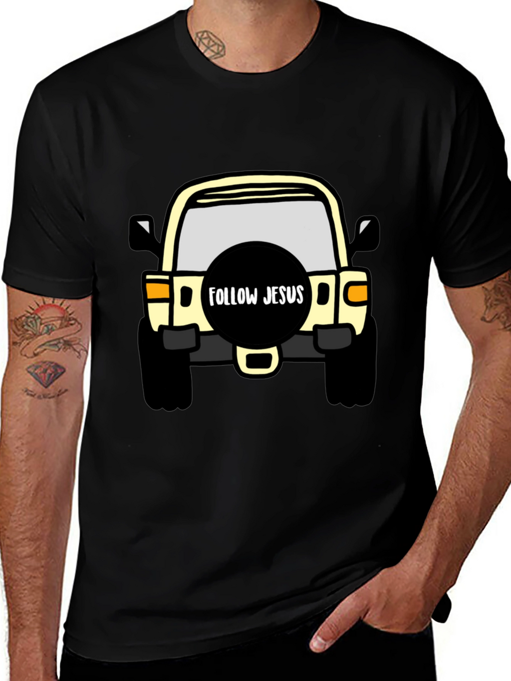 Follow Jesus Jeep T-Shirt - Black Cotton Tee