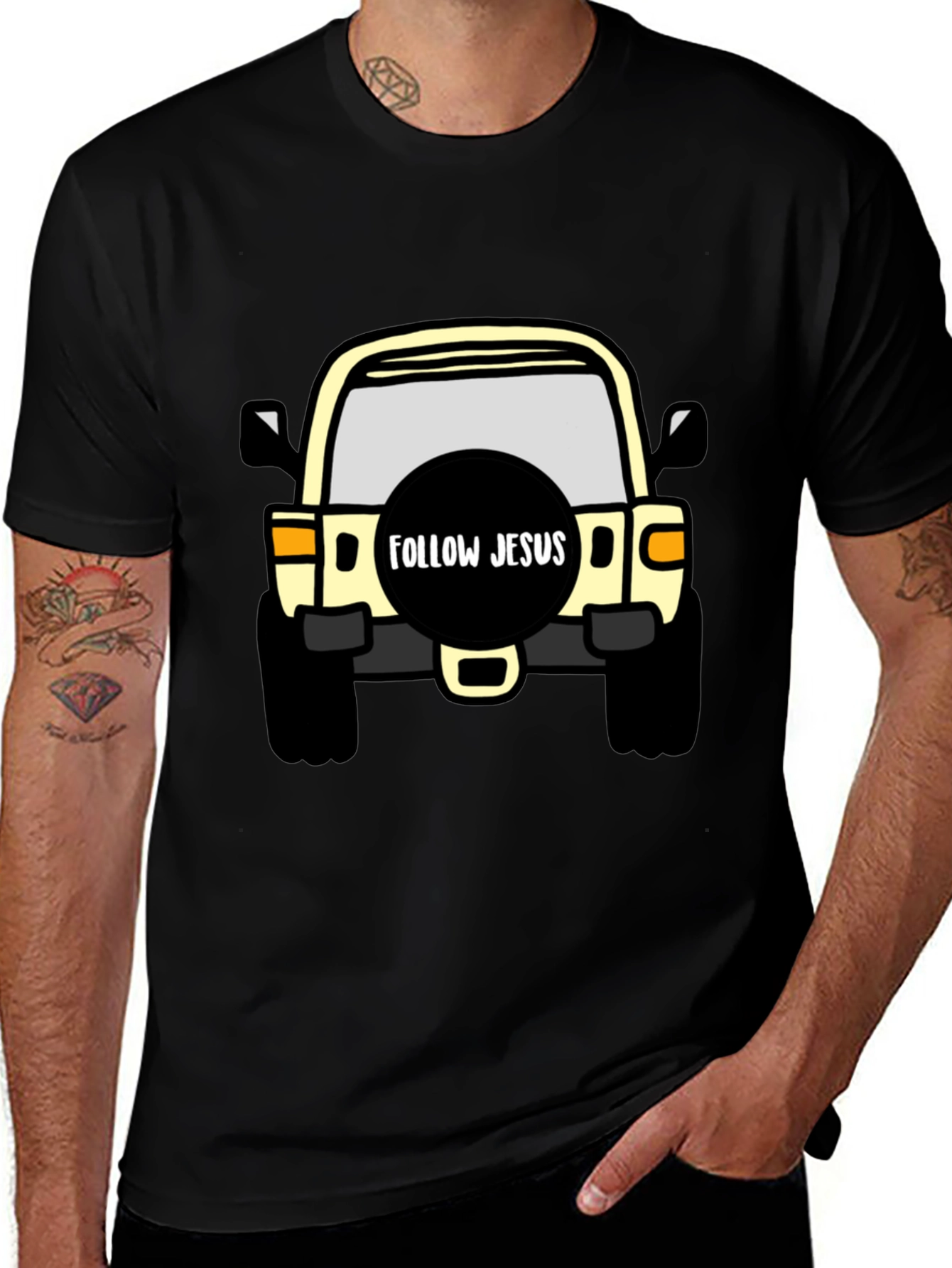 Follow Jesus Jeep T-Shirt - Black Cotton Tee