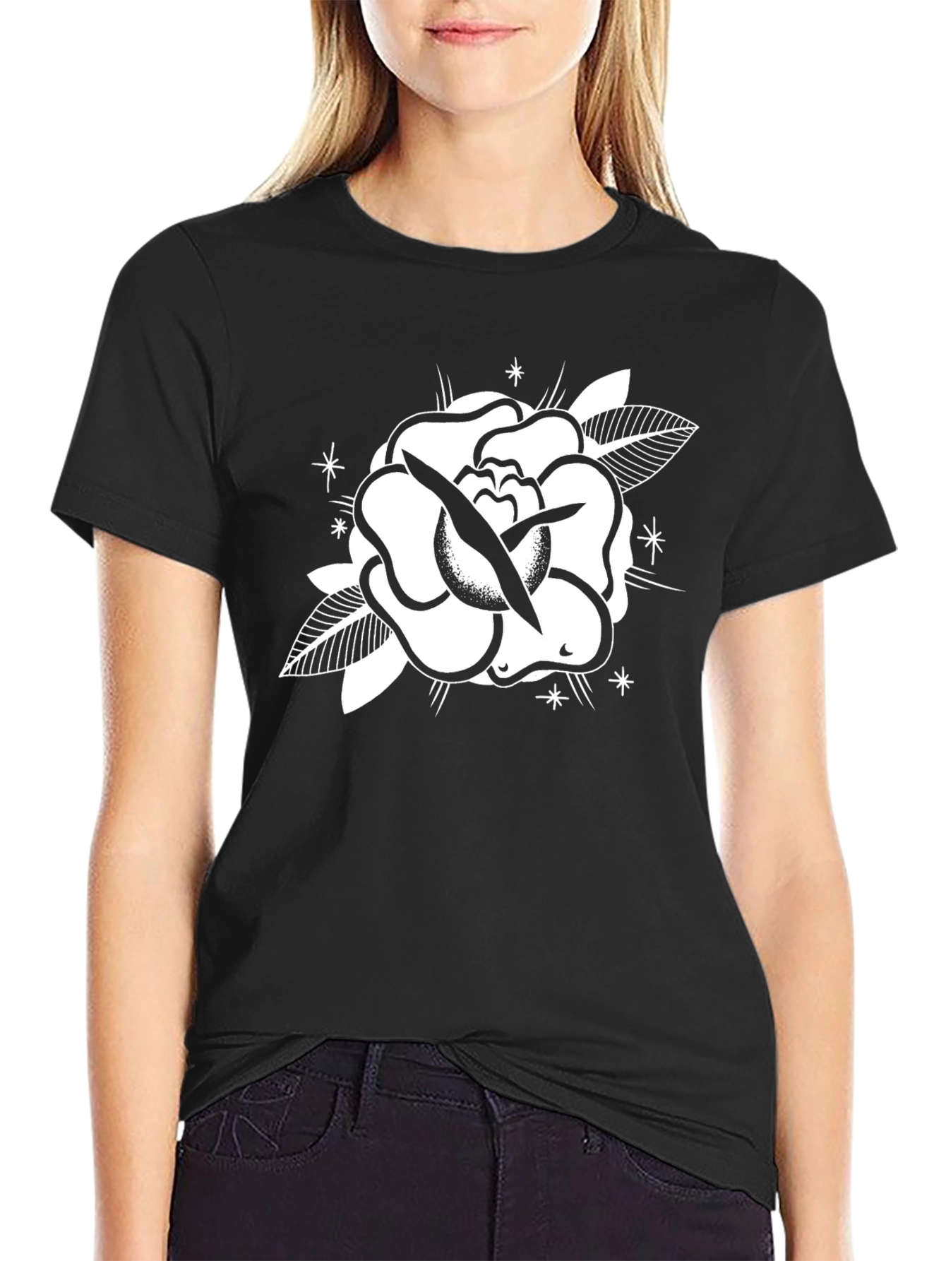 Black Tee with Rose Graphic