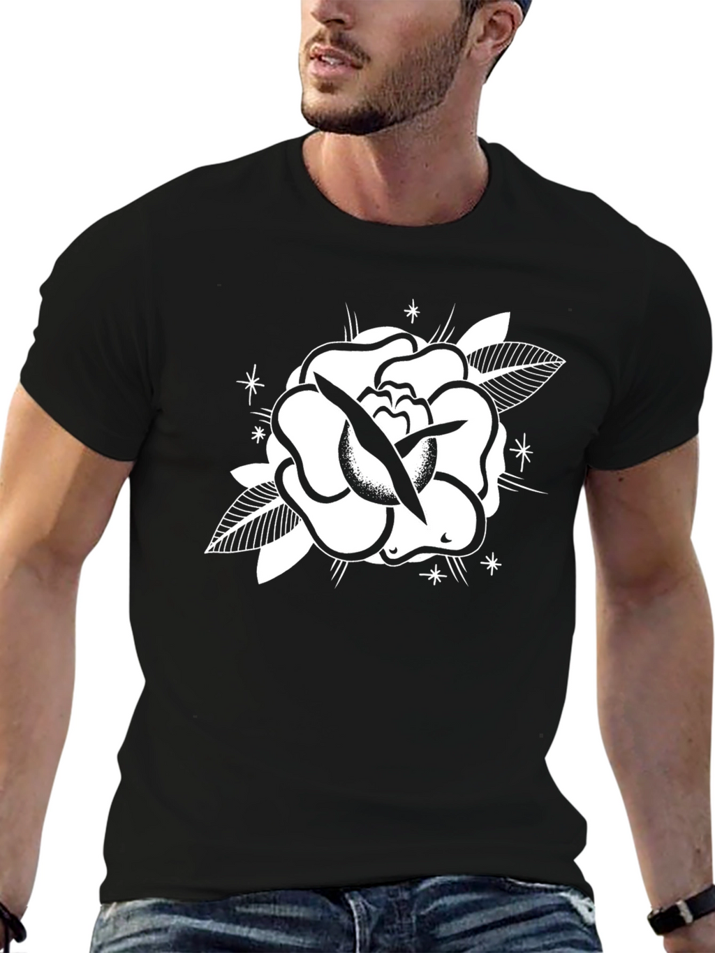 Black Tee with Rose Graphic