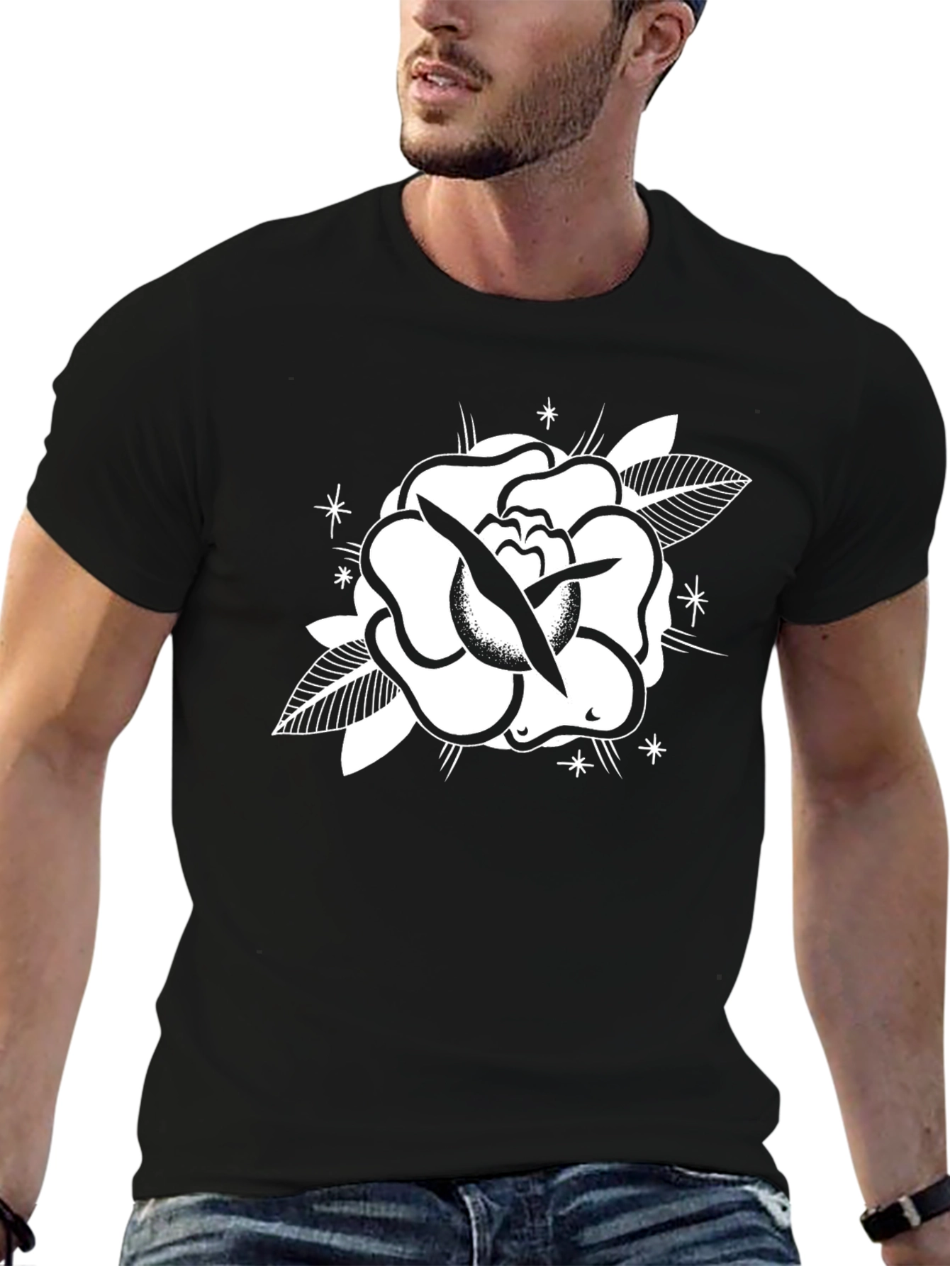 Black Tee with Rose Graphic