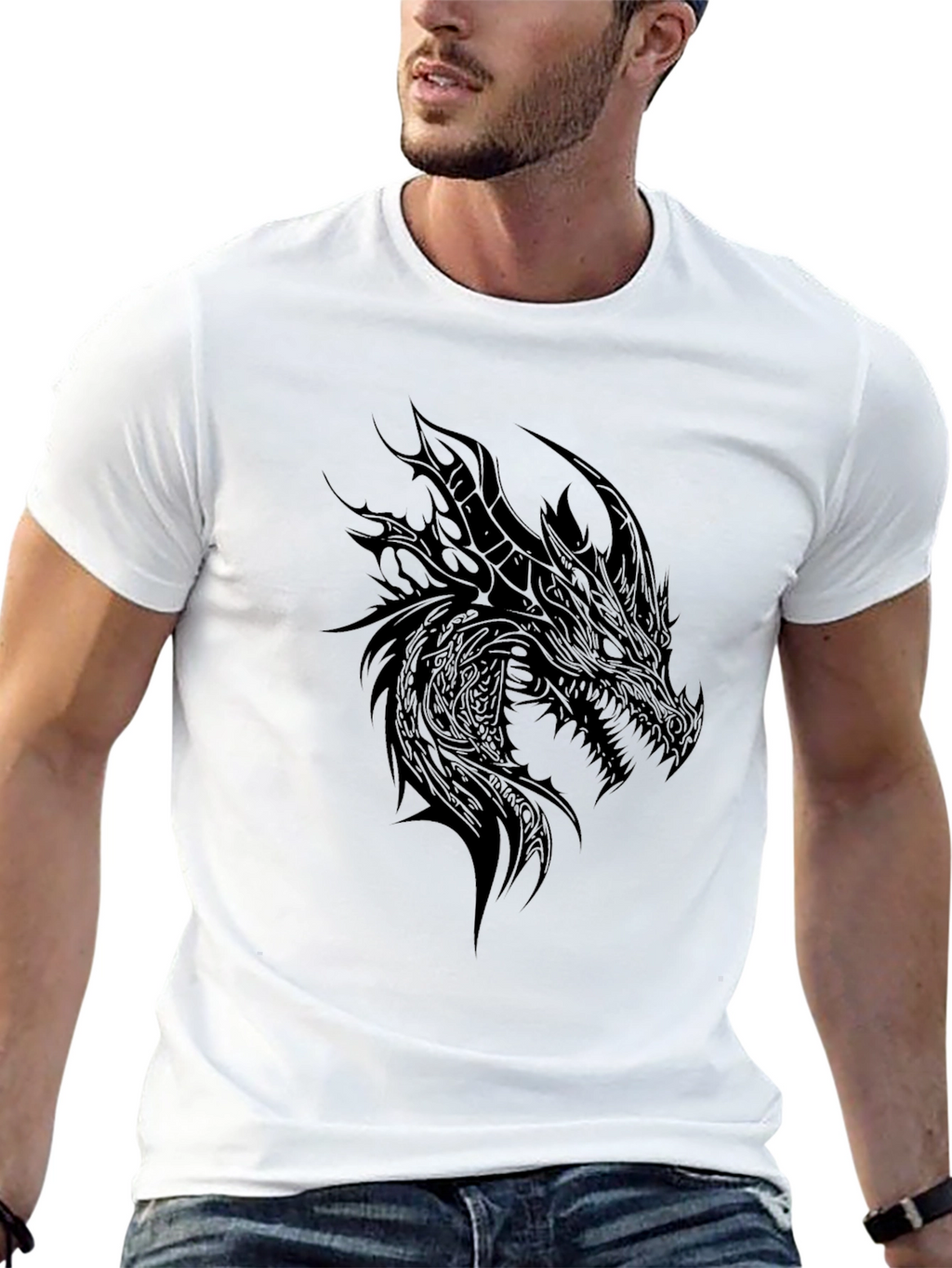Mens Black Dragon Graphic Tee - Dark Fantasy Style