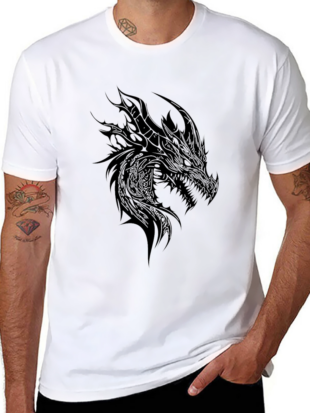 Mens Black Dragon Graphic Tee - Dark Fantasy Style