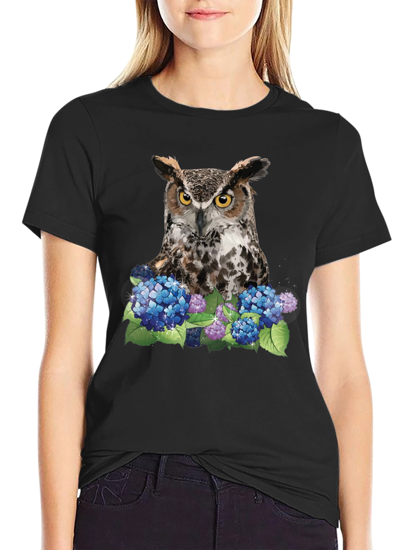 Owl and Hydrangea Graphic Tee - Nature T-Shirt