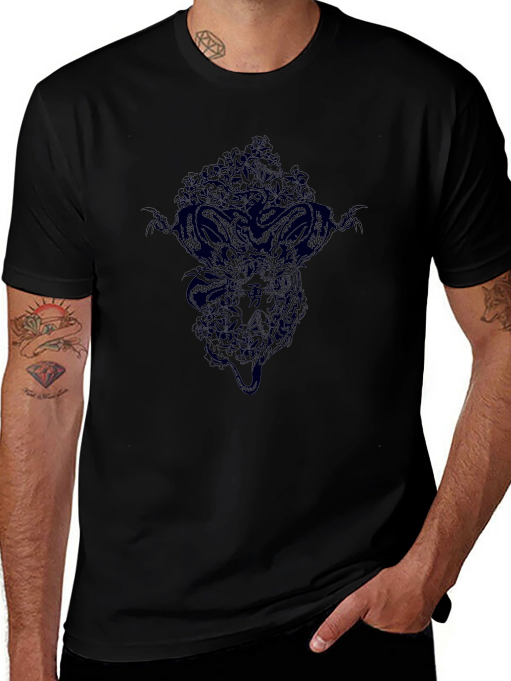 Mens Black Graphic Tee - Dragon Design