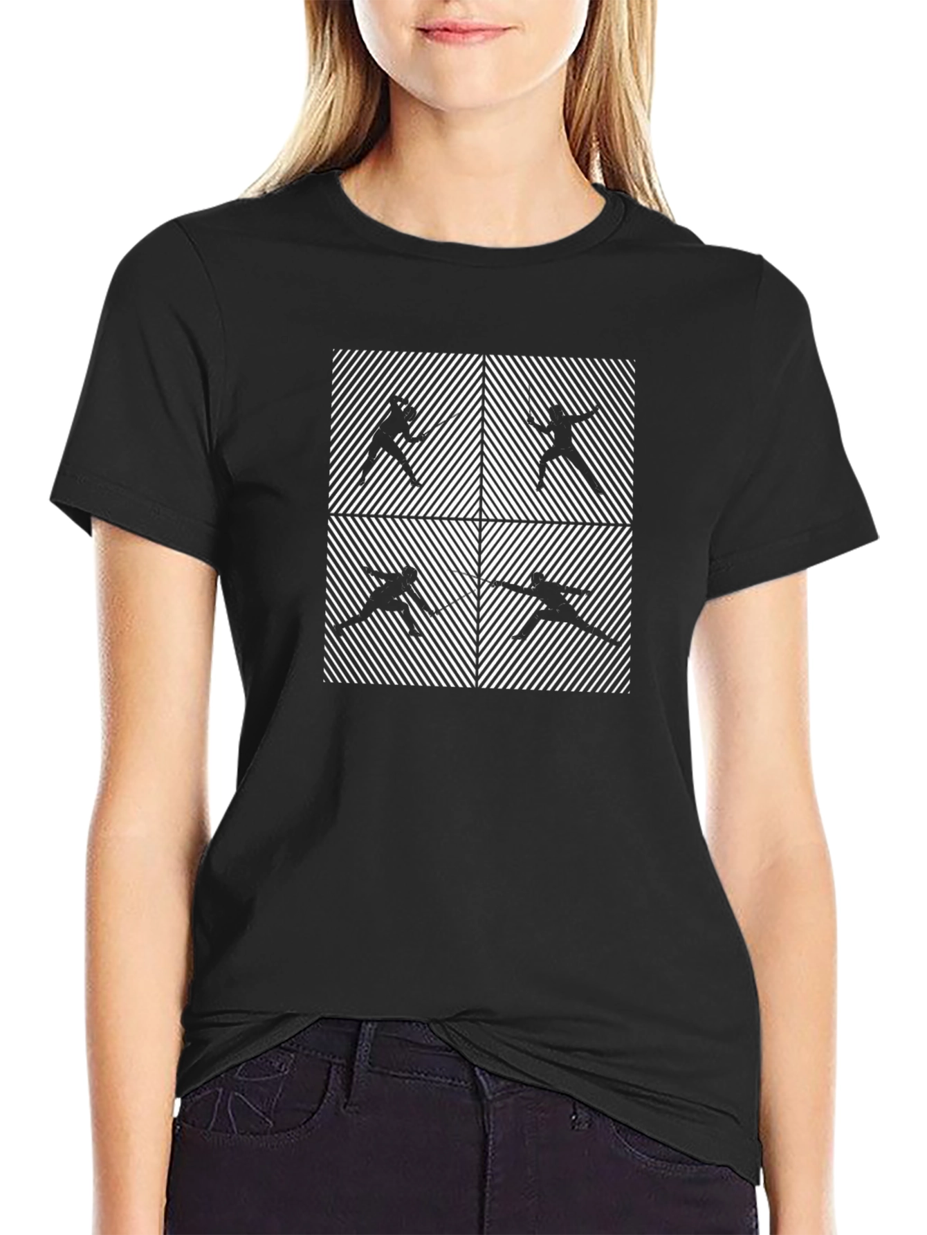 Fencing Silhouette Pattern Black Graphic Tee
