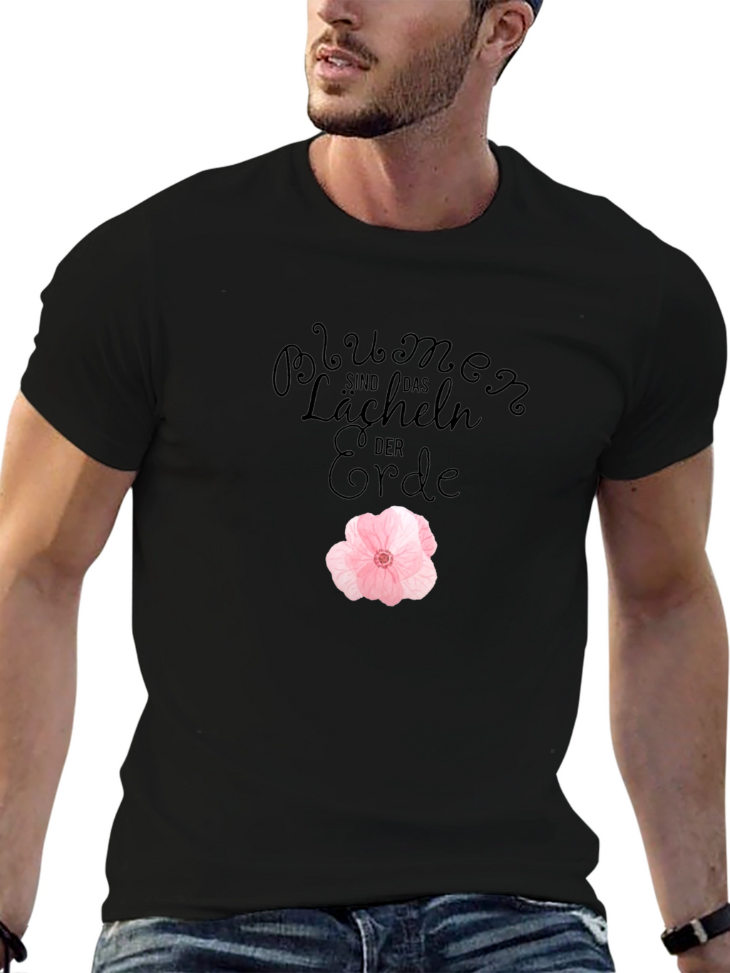 Black T-Shirt with Floral Design
