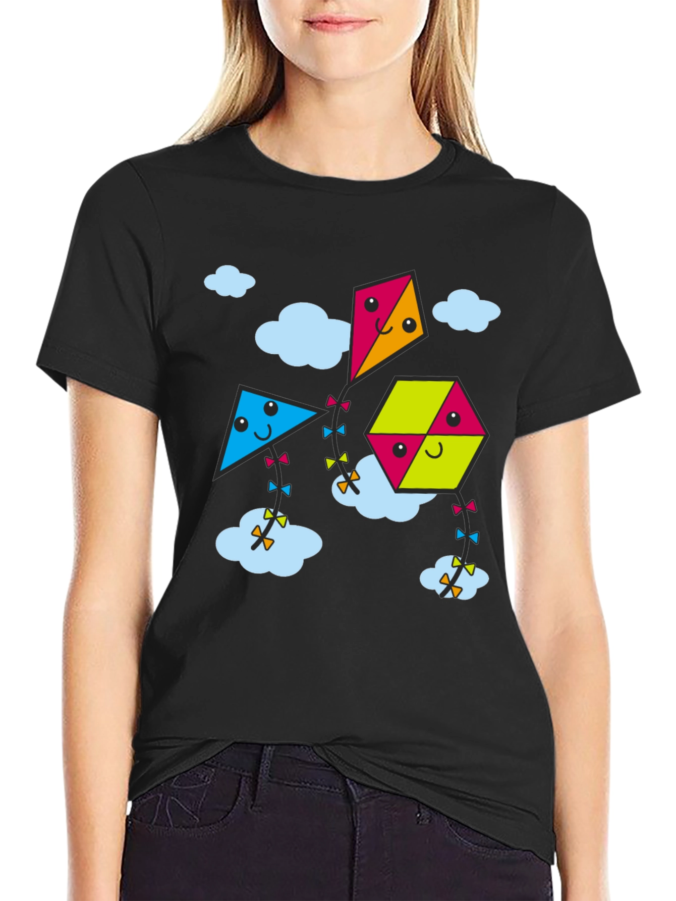 Kite Cartoon Graphic Black Tee Shirt
