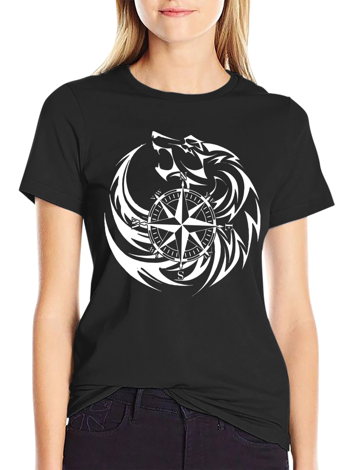 Wolf & Compass Graphic Print Black T-Shirt