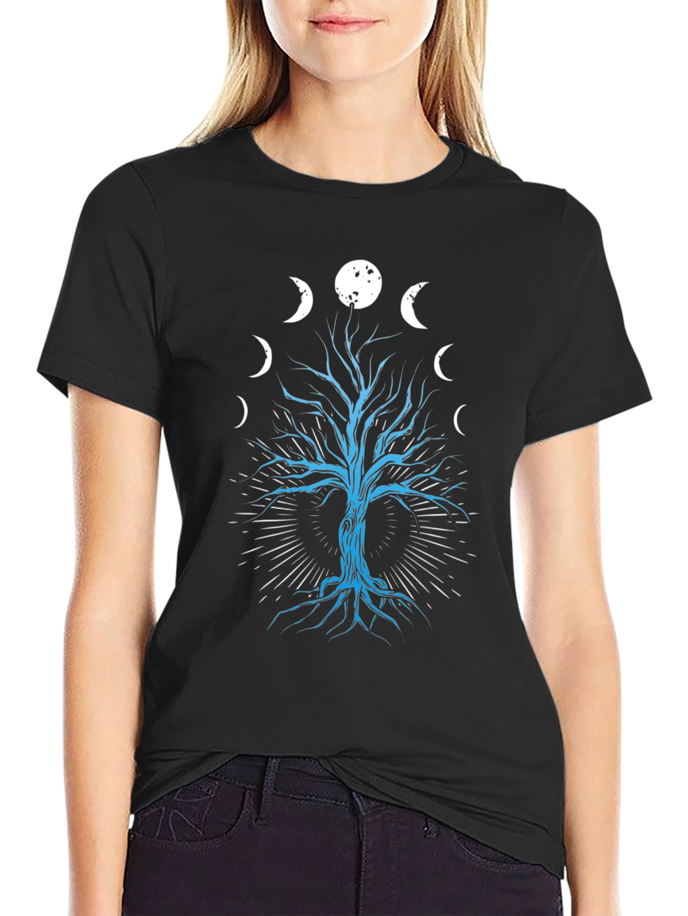 Phases of the Moon Tree Graphic Tee - Black