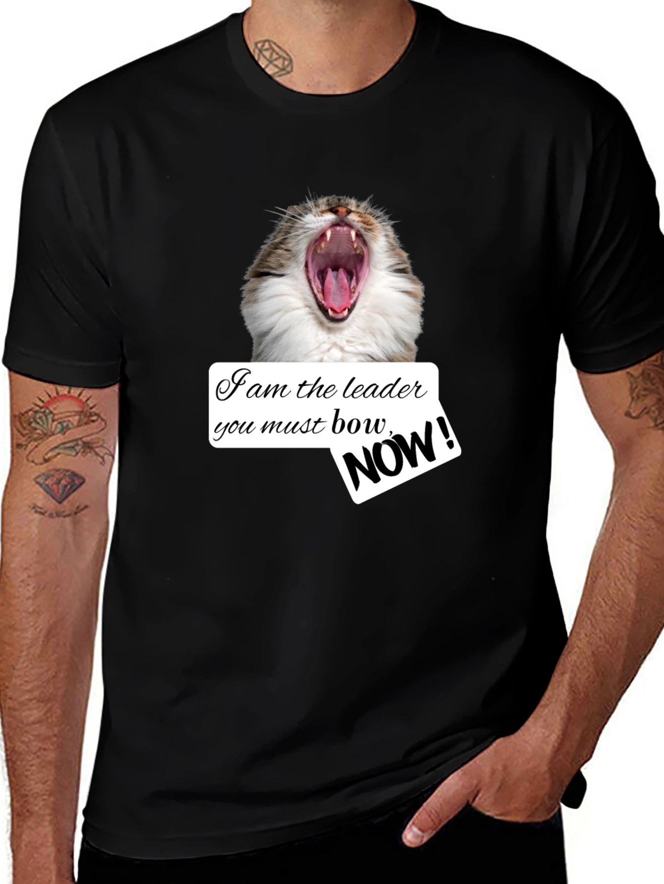 Funny Cat T-Shirt - I am the Leader Bow NOW! - Black