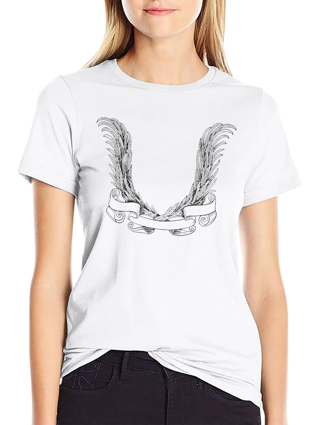 Mens Black Graphic Tee - Wings & Banner Design